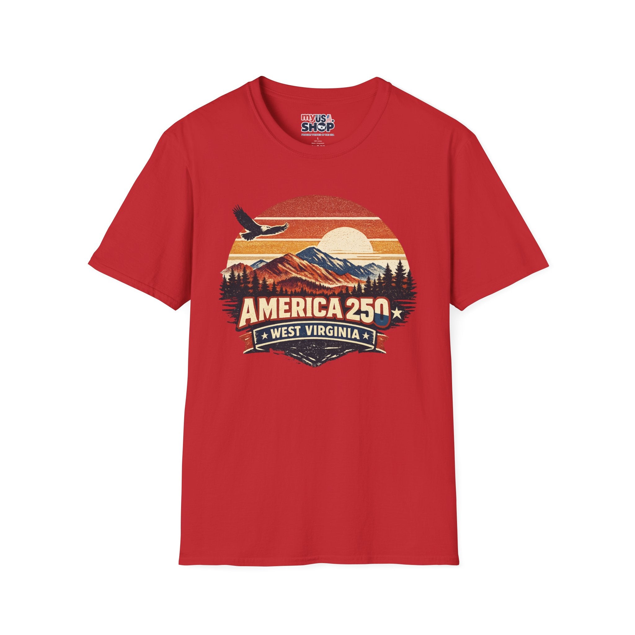 America 250 Retro Sunrise T-Shirt — West Virginia Scenic Eagle Design