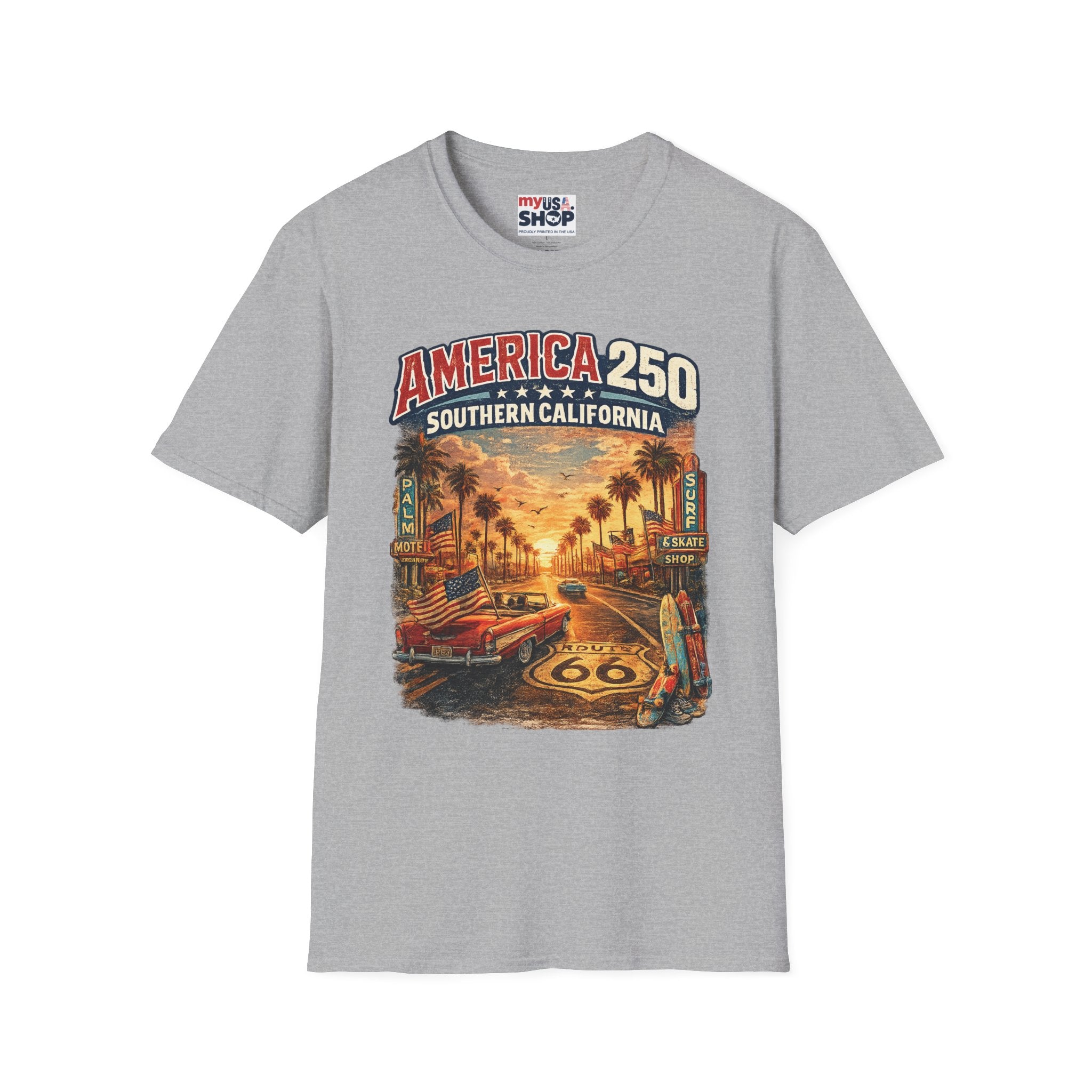 America 250 Southern California Sunset T‑Shirt — Retro Route 66 Palm Tree Tee