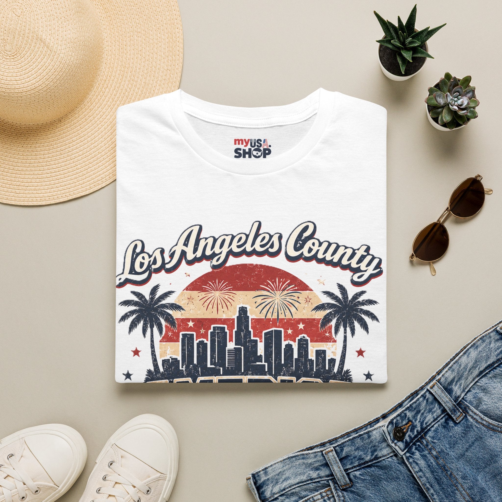 Los Angeles County Skyline T-Shirt — Vintage American 250 Fireworks Design