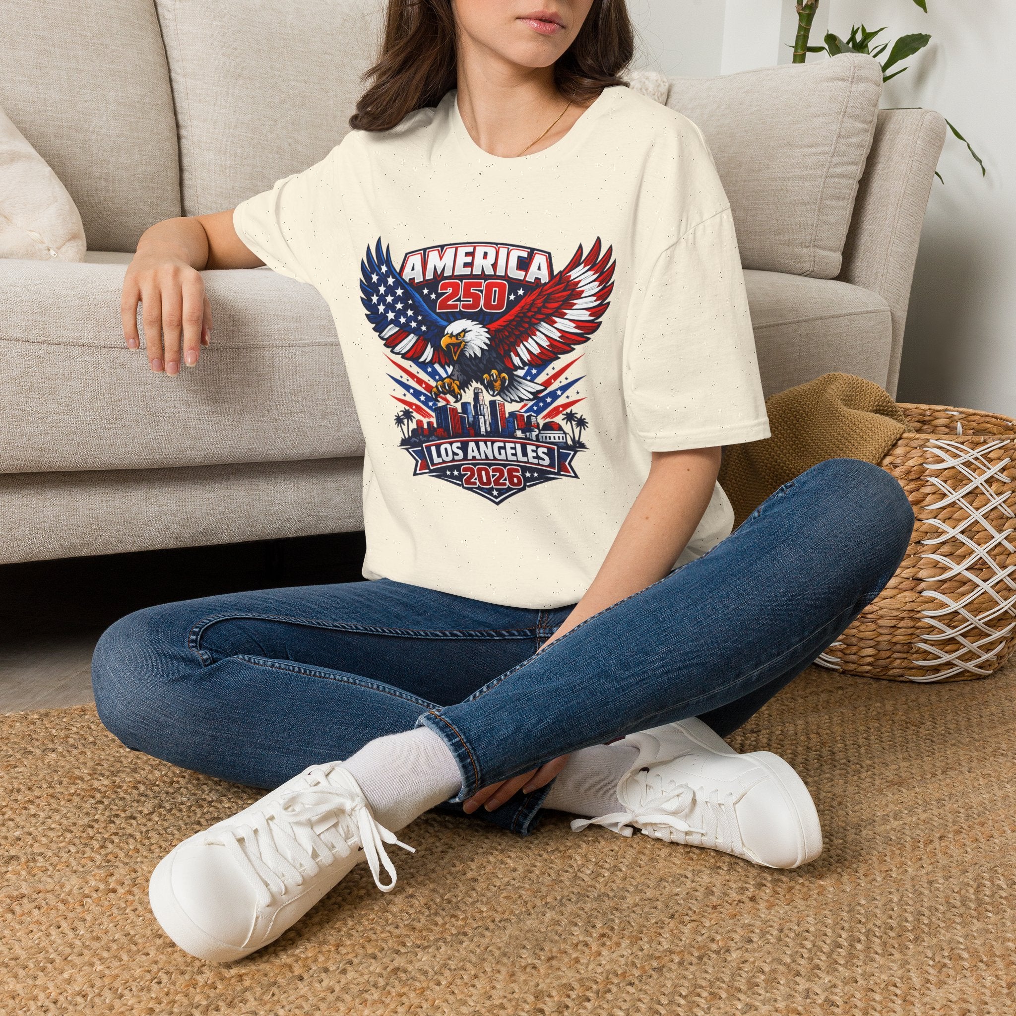 America 250 Los Angeles Skyline Patriotic Eagle California Tee