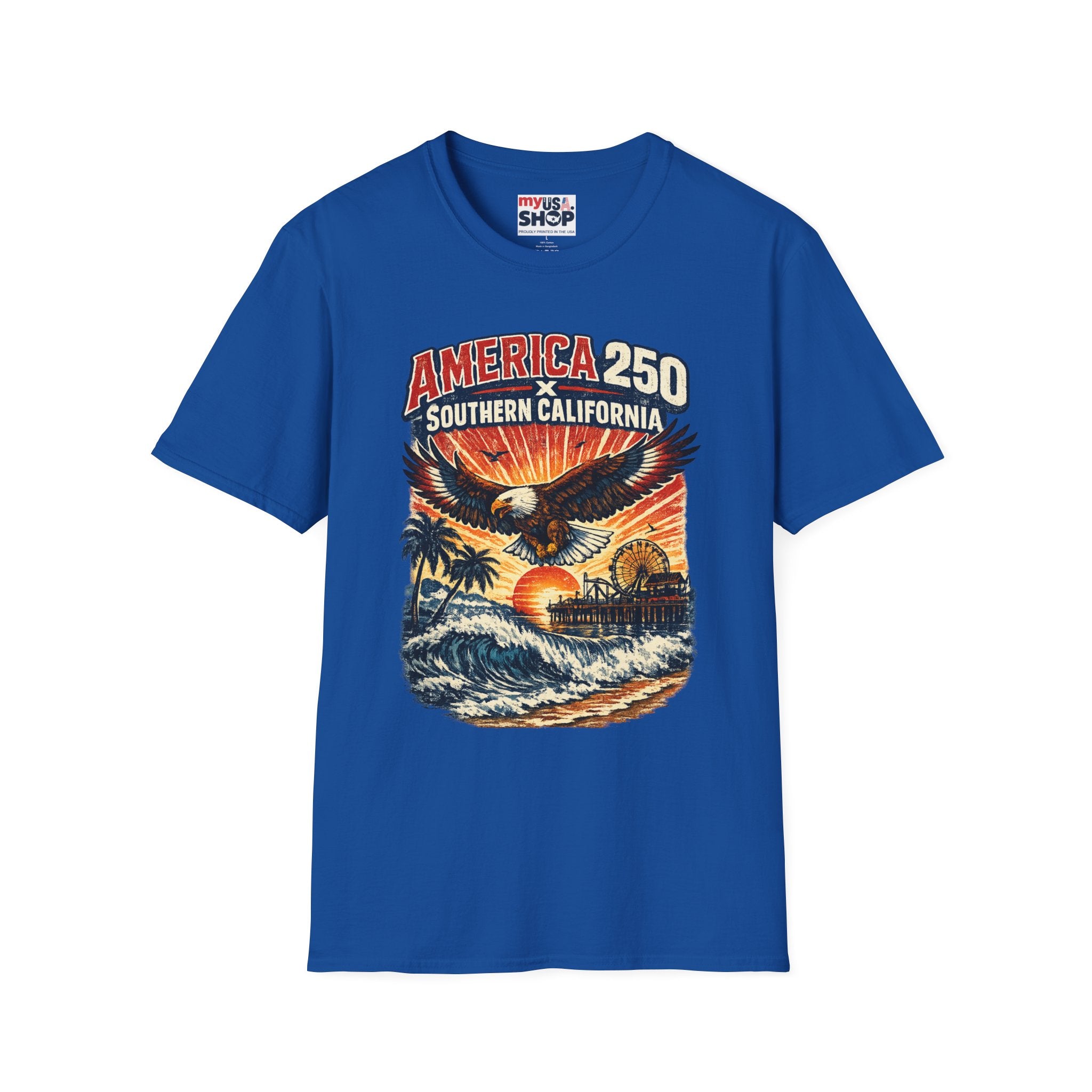America 250 Southern California Graphic T-Shirt — Eagle, Sunset & Beach Vintage Design