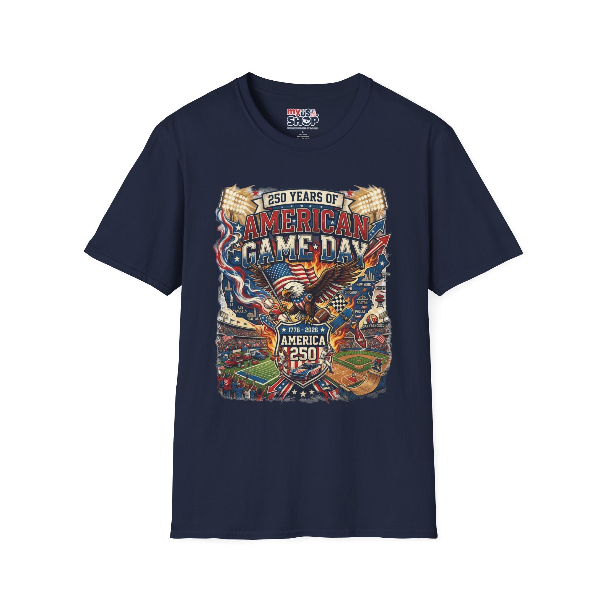 American Game Day T-Shirt — 250 Years USA Football & Baseball Celebration Pop Culture