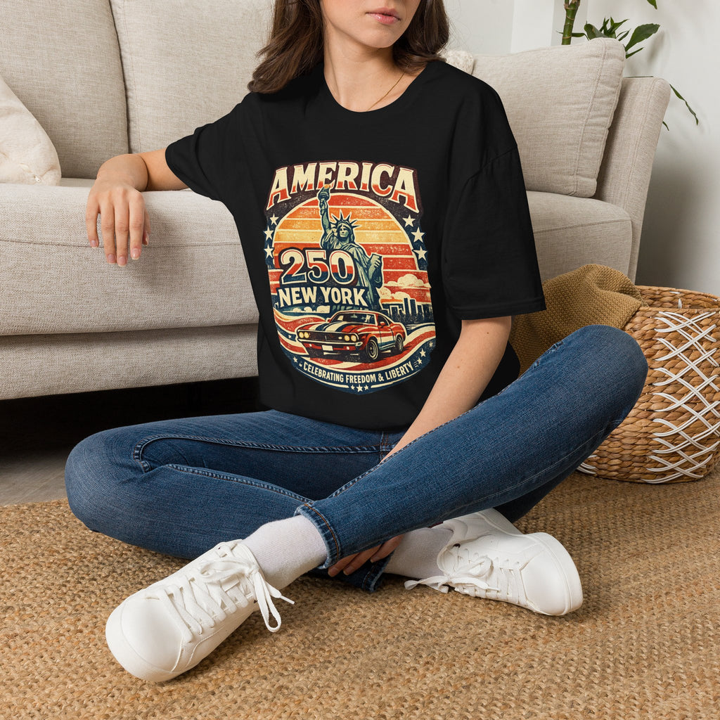 America 250 New York T-Shirt — Retro Statue of Liberty Graphic