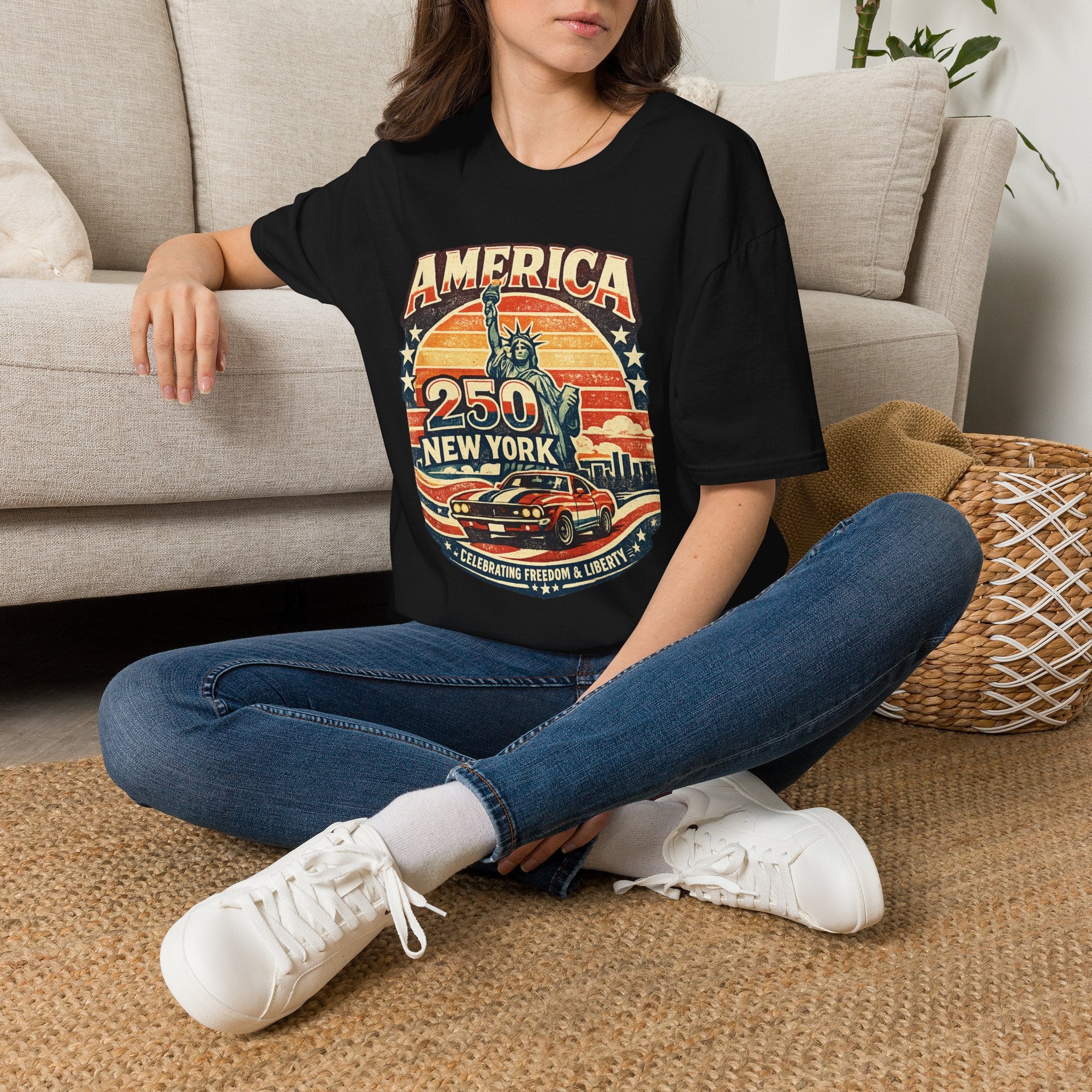 America 250 New York T-Shirt — Retro Statue of Liberty Graphic