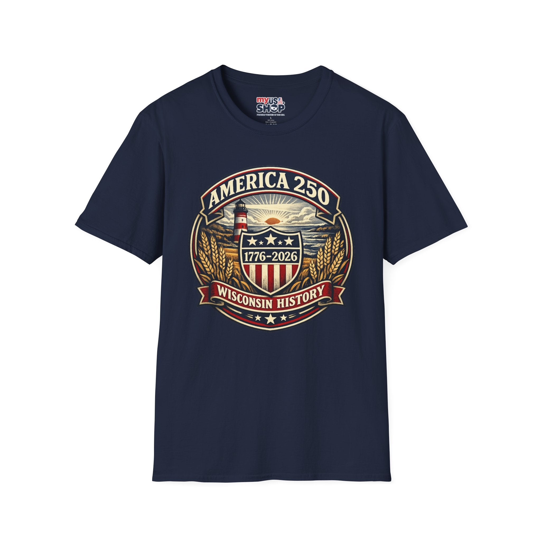 America 250 Commemorative T-Shirt – Wisconsin History Lighthouse Vintage Badge