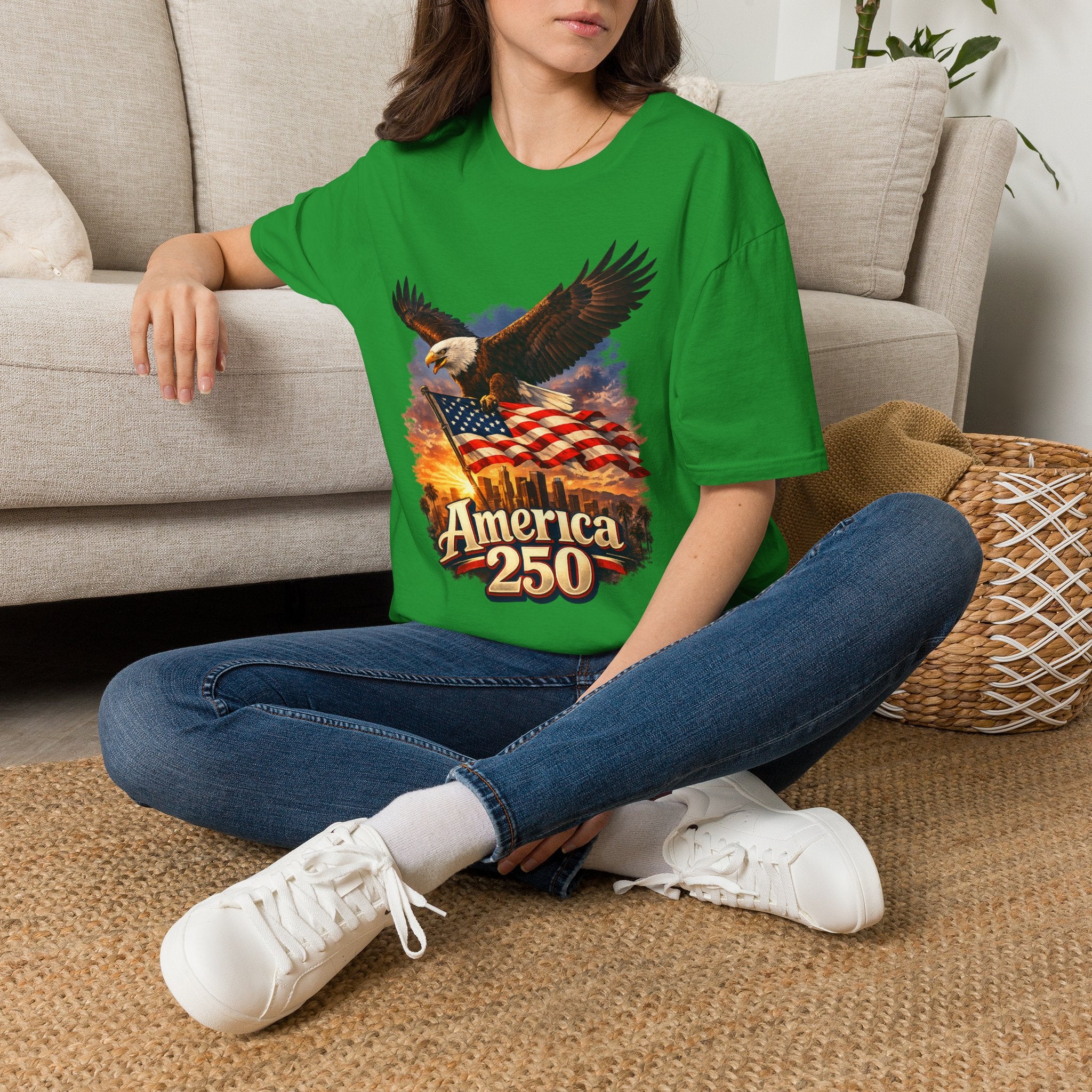 America 250 Los Angeles Eagle Flag Skyline Palms Sunset White California Tee
