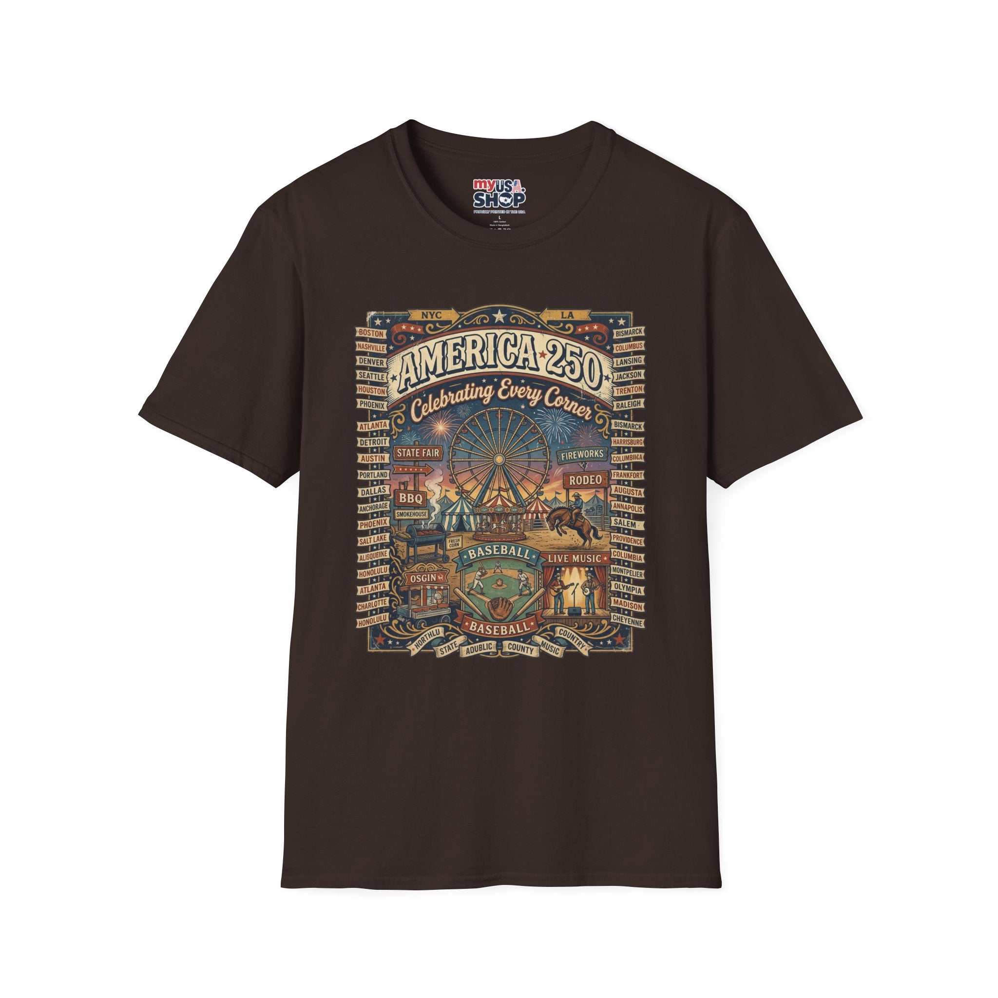 America 250 Celebration T-Shirt — Vintage Fair Ferris Wheel Patriotic Tee Pop Culture