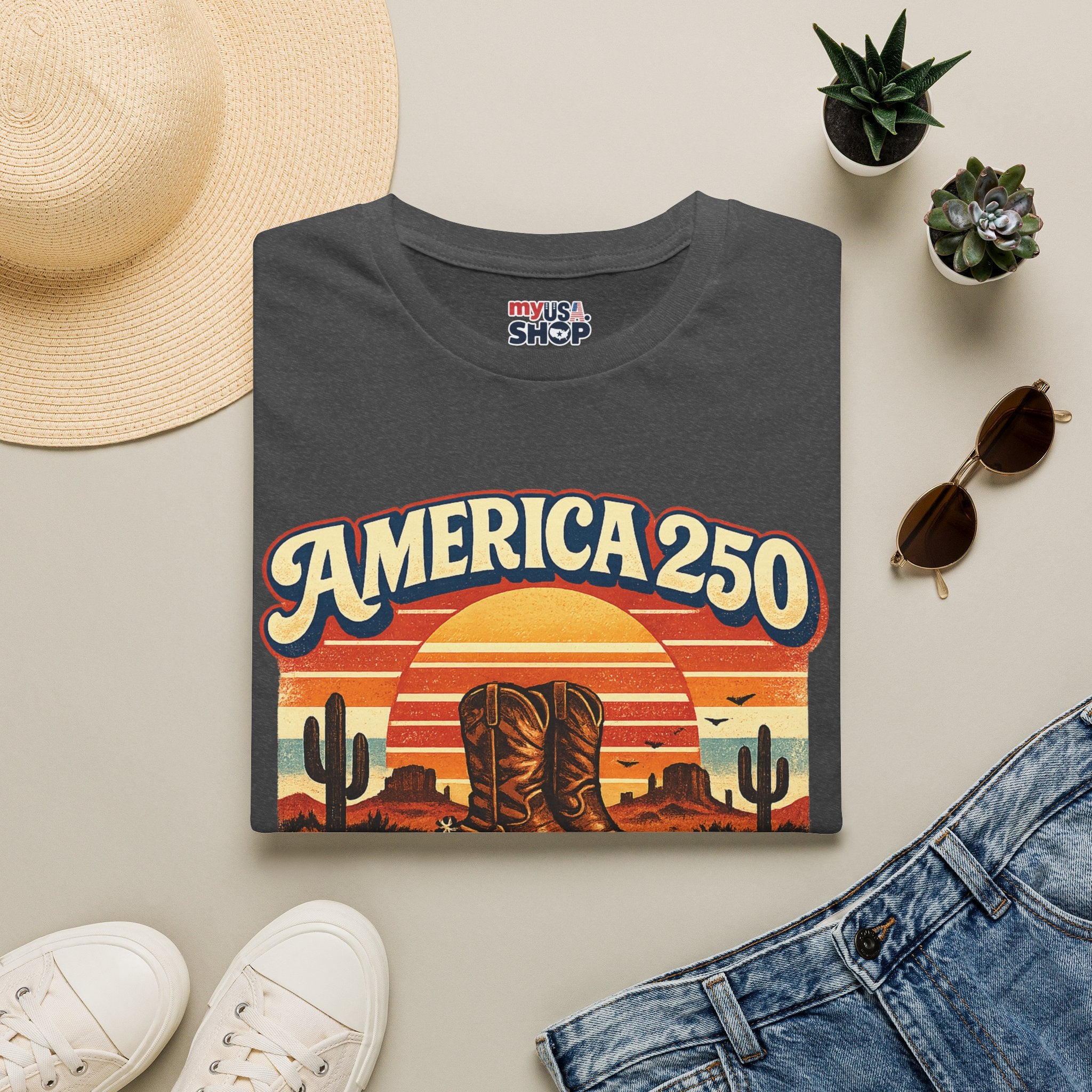 America 250 Texas T-Shirt — Retro Desert Cowboy Graphic Tee