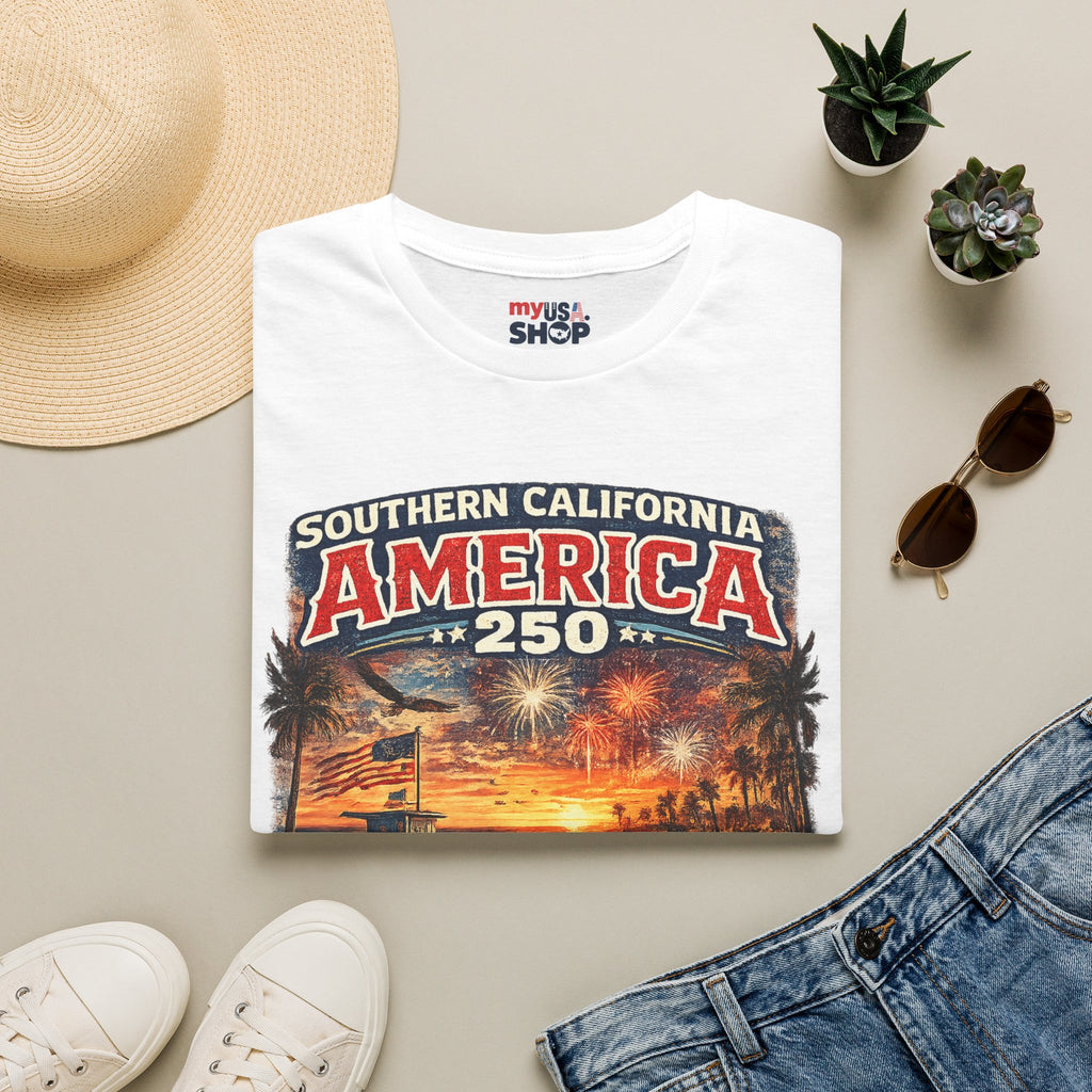 America 250 Southern California Sunset T-Shirt — Patriotic 4th of July Beach Vintage Tee