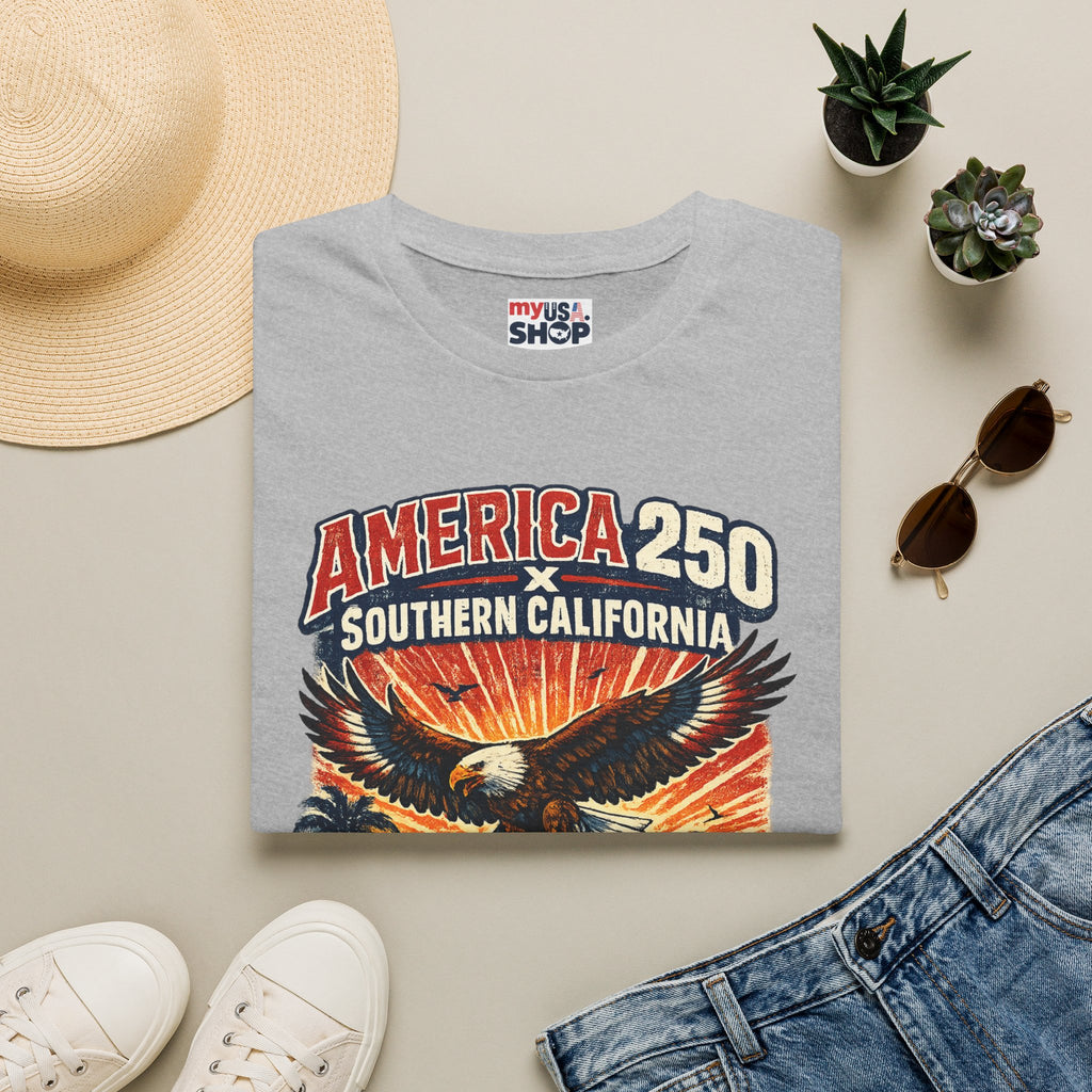 America 250 Southern California Graphic T-Shirt — Eagle, Sunset & Beach Vintage Design