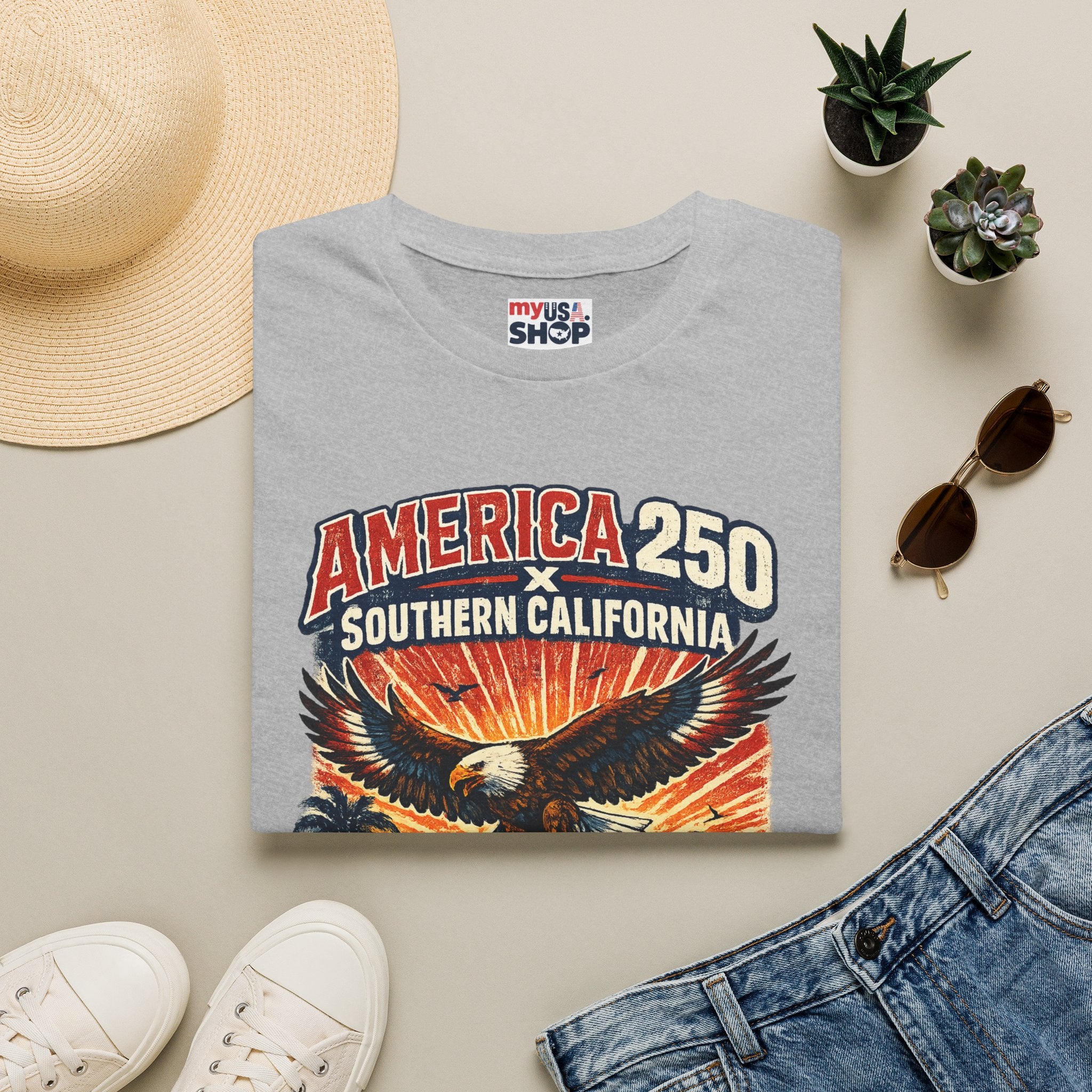 America 250 Southern California Graphic T-Shirt — Eagle, Sunset & Beach Vintage Design