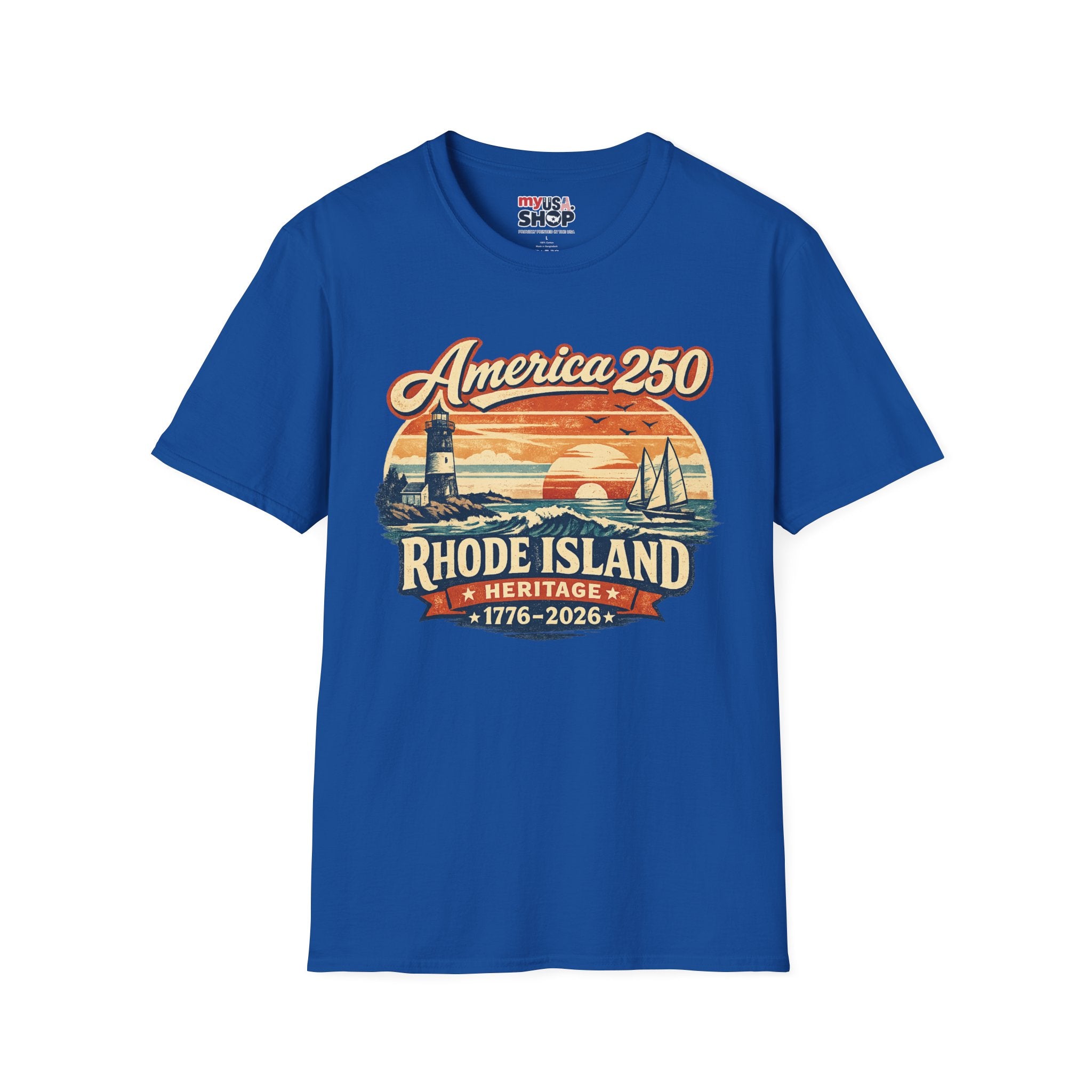 America 250 Rhode Island Heritage Shirt — Coastal Lighthouse Sunset Tee