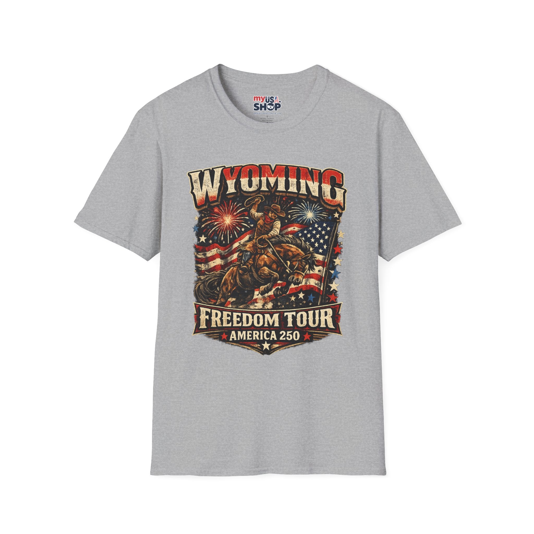 America 250 Freedom Tour T-Shirt — Wyoming Patriotic Rodeo USA Graphic Tee