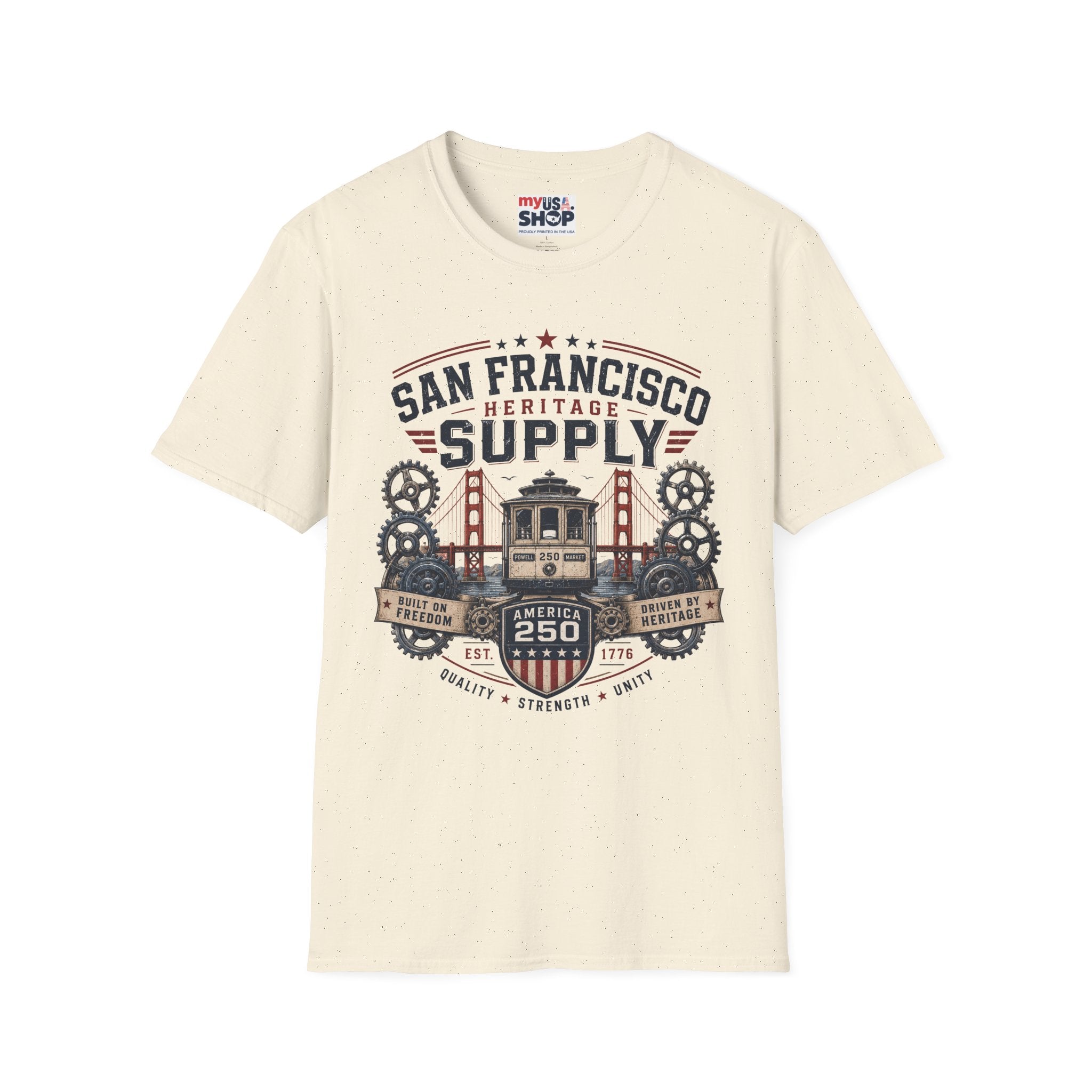 San Francisco Heritage Supply T-Shirt — Vintage Cable Car & Golden Gate Graphic