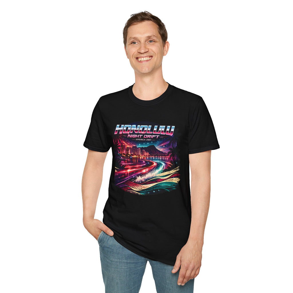 America 250 Honolulu Night Drift T-Shirt — Retro Neon Hawaii Surf & Cityscape Tee