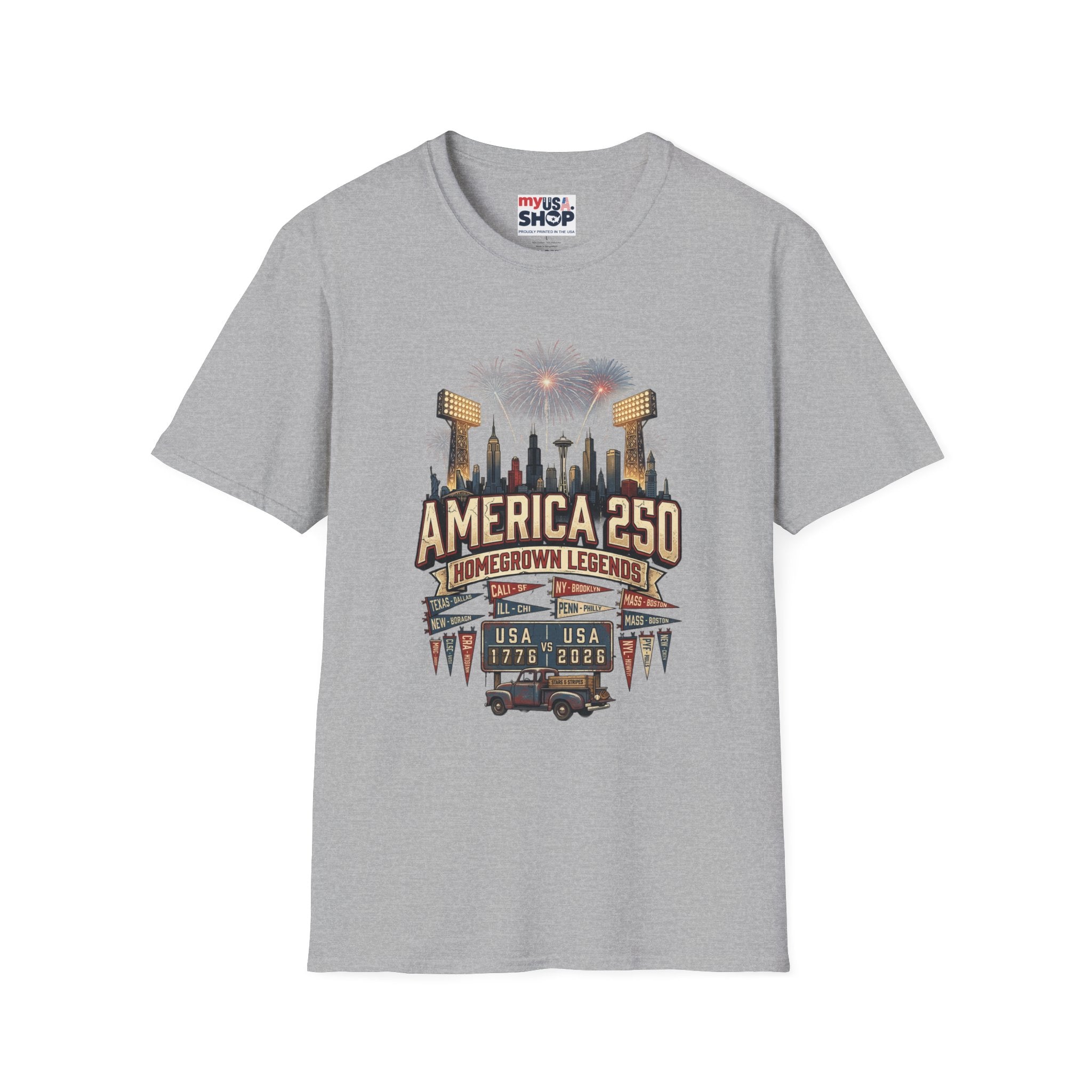 America 250 Celebration T‑Shirt — Hometown Legends Fireworks Skyline Pop Culture