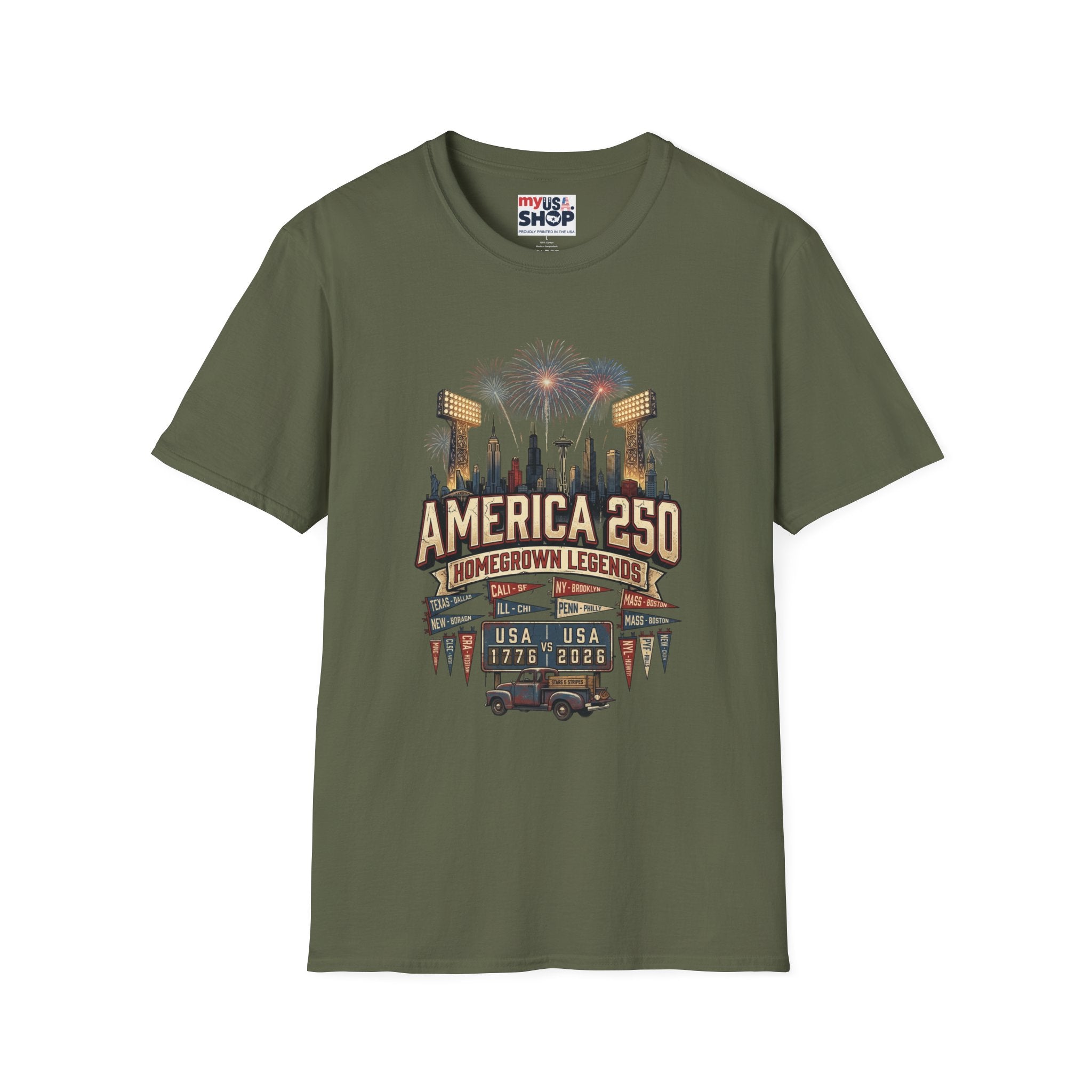 America 250 Celebration T‑Shirt — Hometown Legends Fireworks Skyline Pop Culture