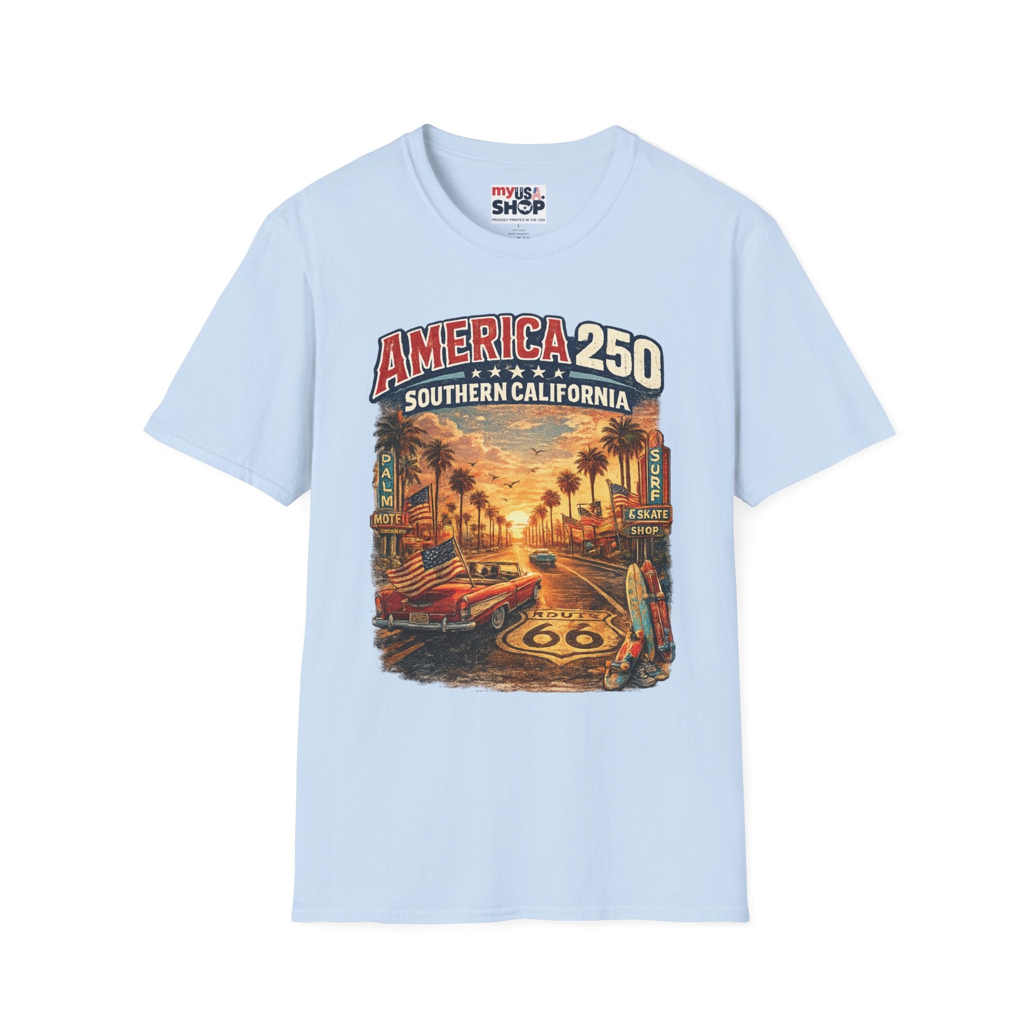America 250 Southern California Sunset T‑Shirt — Retro Route 66 Palm Tree Tee
