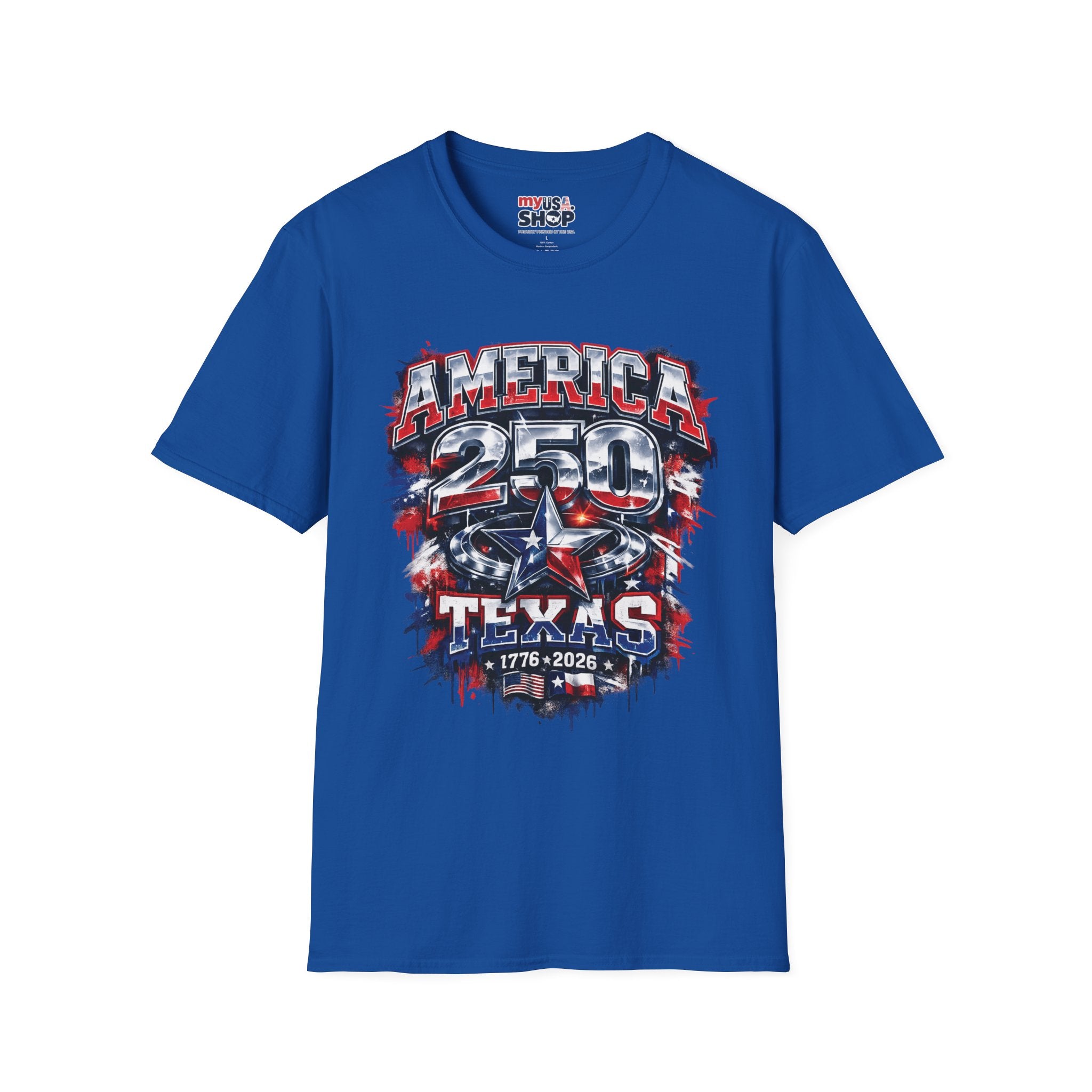 America 250 Texas Shirt — Patriotic Chrome Star Graphic Tee