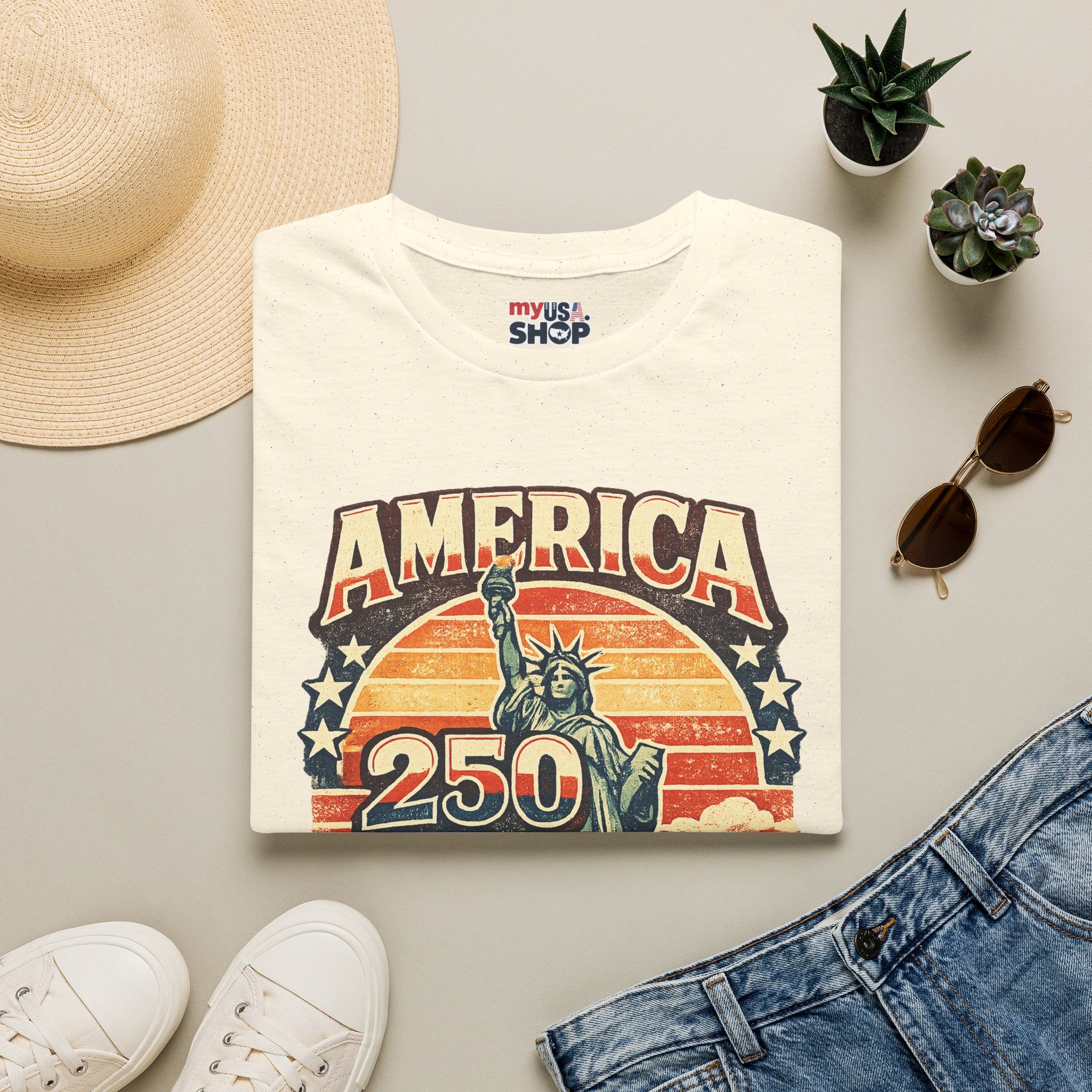 America 250 New York T-Shirt — Retro Statue of Liberty Graphic