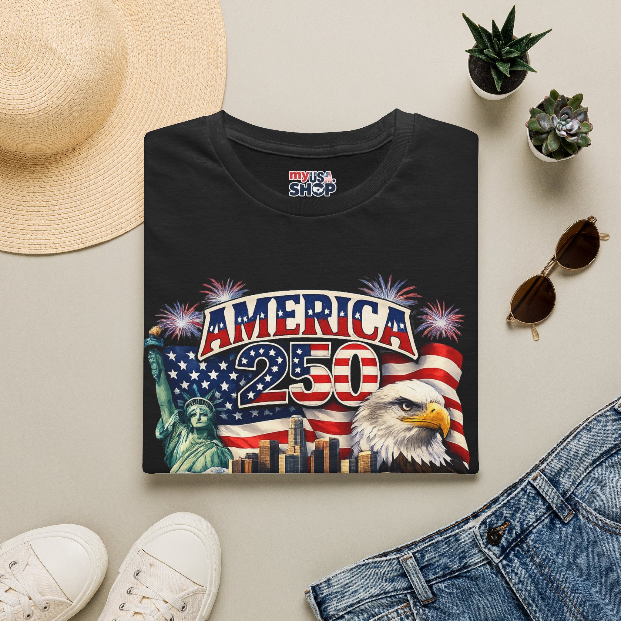 America 250 Los Angeles Statue of Liberty Eagle Skyline Muscle Car Fireworks California Tee