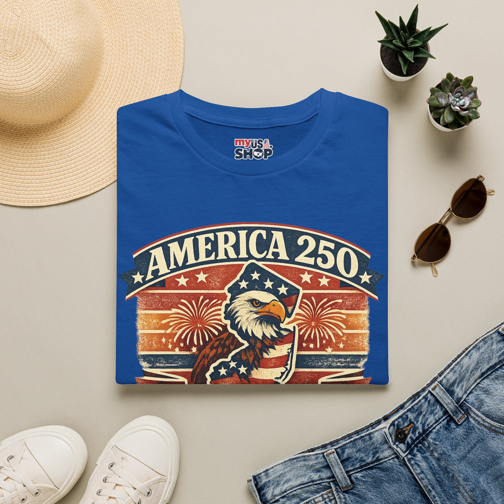 America 250 New Jersey T‑Shirt — Patriotic Bald Eagle & Fireworks Tee