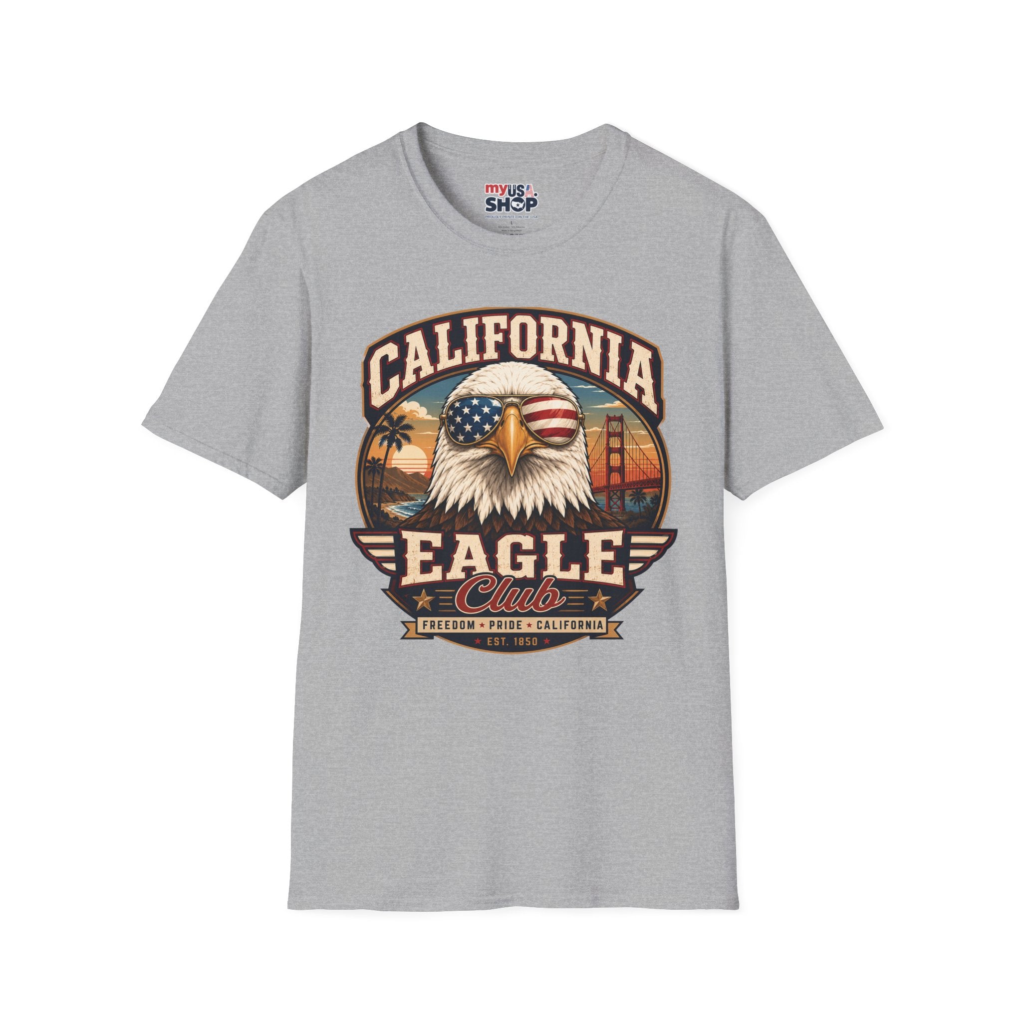 America 250 California Eagle Club T-Shirt — Patriotic Vintage Bald Eagle & Golden Gate Tee