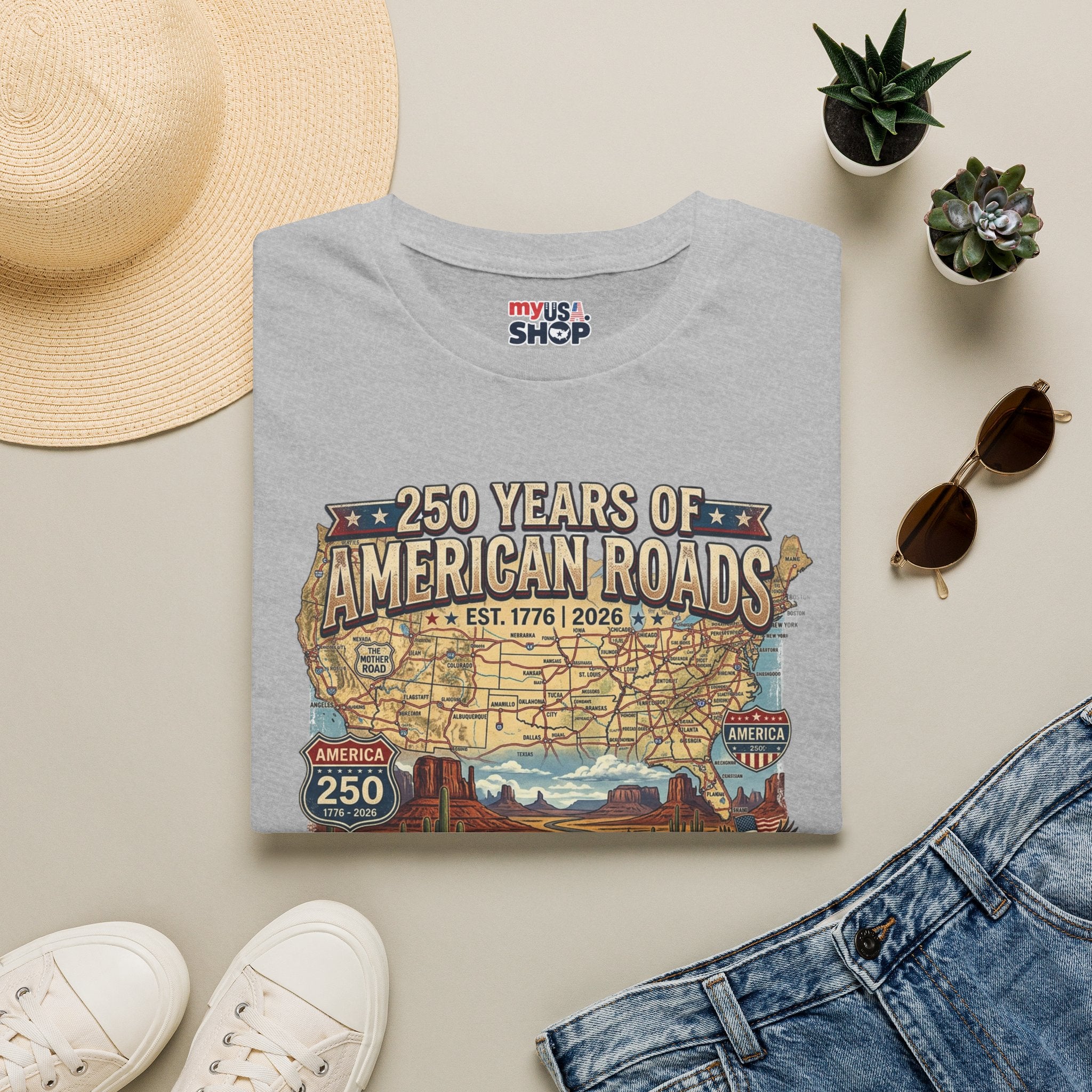 250 Years of American Roads T‑Shirt — Vintage USA Roadmap & Route 66 Travel Tee America 250 Pop Culture