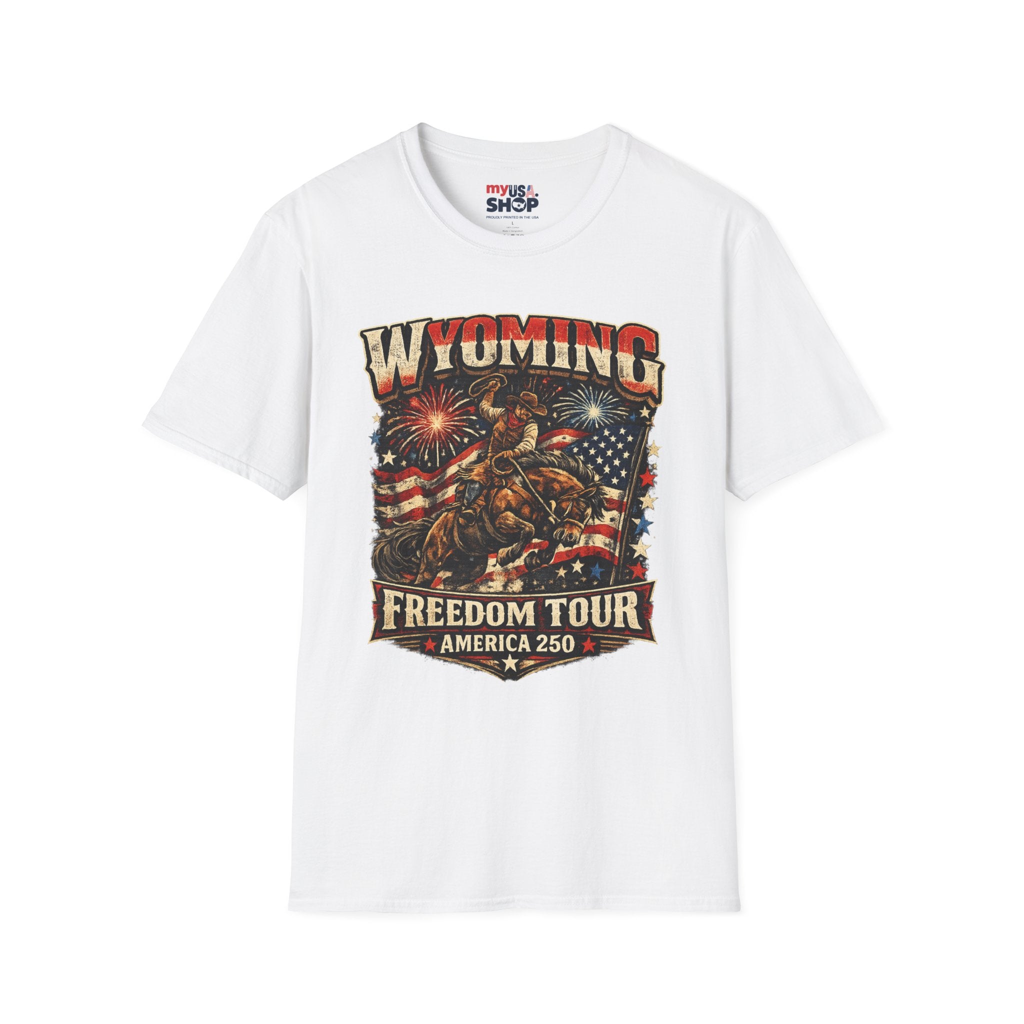 America 250 Freedom Tour T-Shirt — Wyoming Patriotic Rodeo USA Graphic Tee
