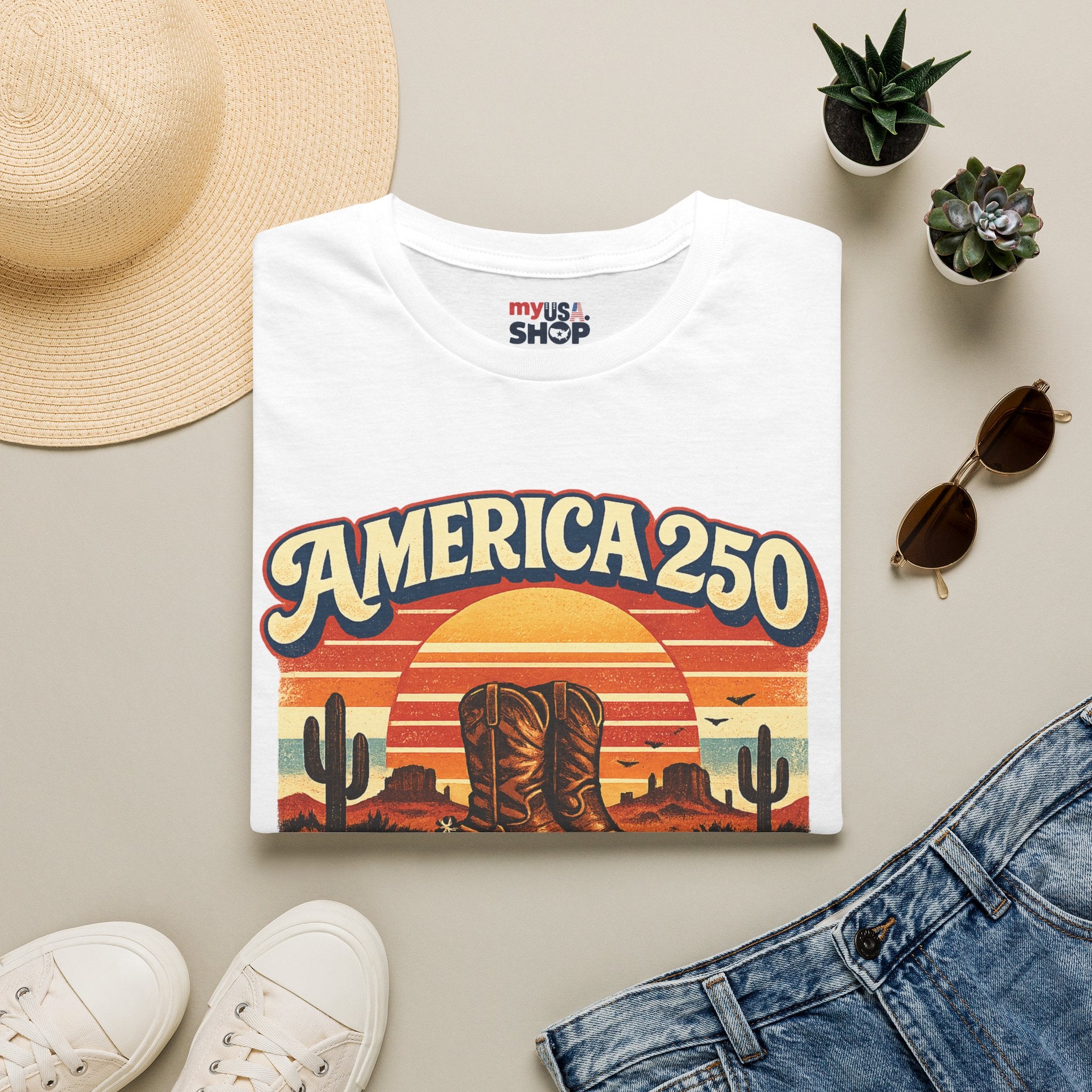 America 250 Texas T-Shirt — Retro Desert Cowboy Graphic Tee