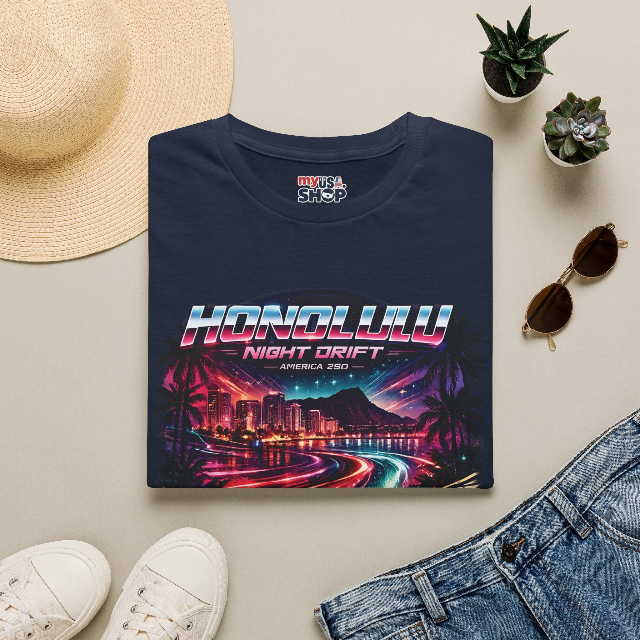 America 250 Honolulu Night Drift T-Shirt — Retro Neon Hawaii Surf & Cityscape Tee