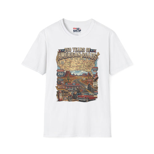 250 Years of American Roads T‑Shirt — Vintage USA Roadmap & Route 66 Travel Tee America 250 Pop Culture