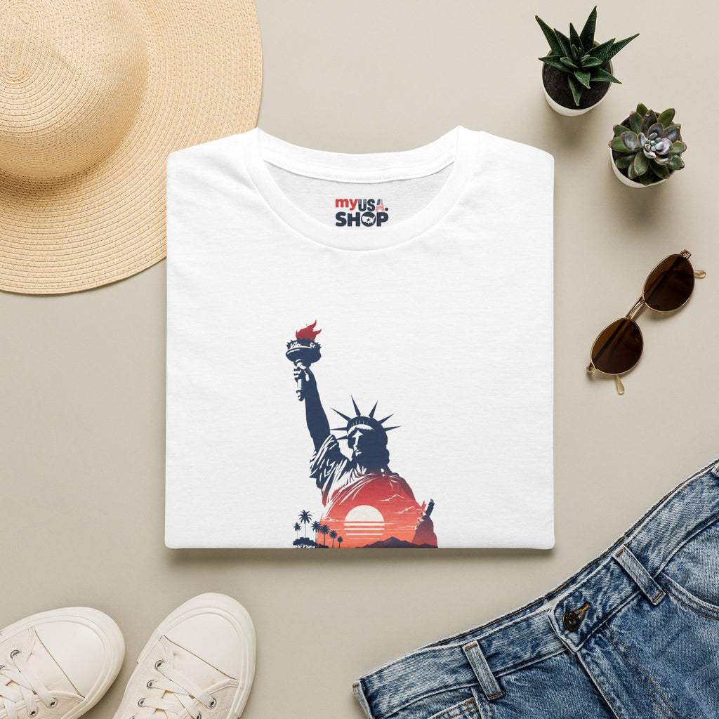 America 250 Liberty Pacific California T-Shirt — Statue of Liberty Sunset Graphic