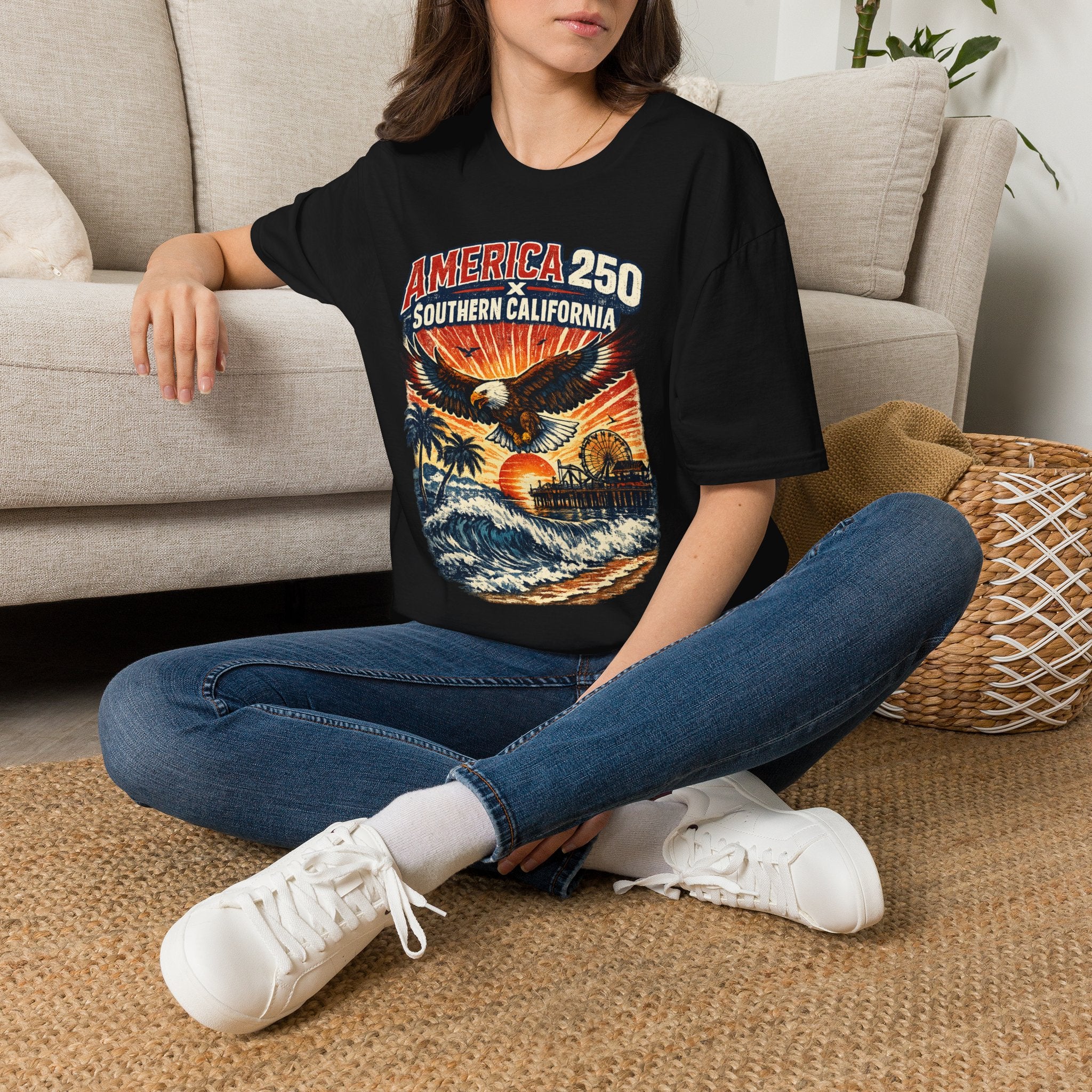 America 250 Southern California Graphic T-Shirt — Eagle, Sunset & Beach Vintage Design
