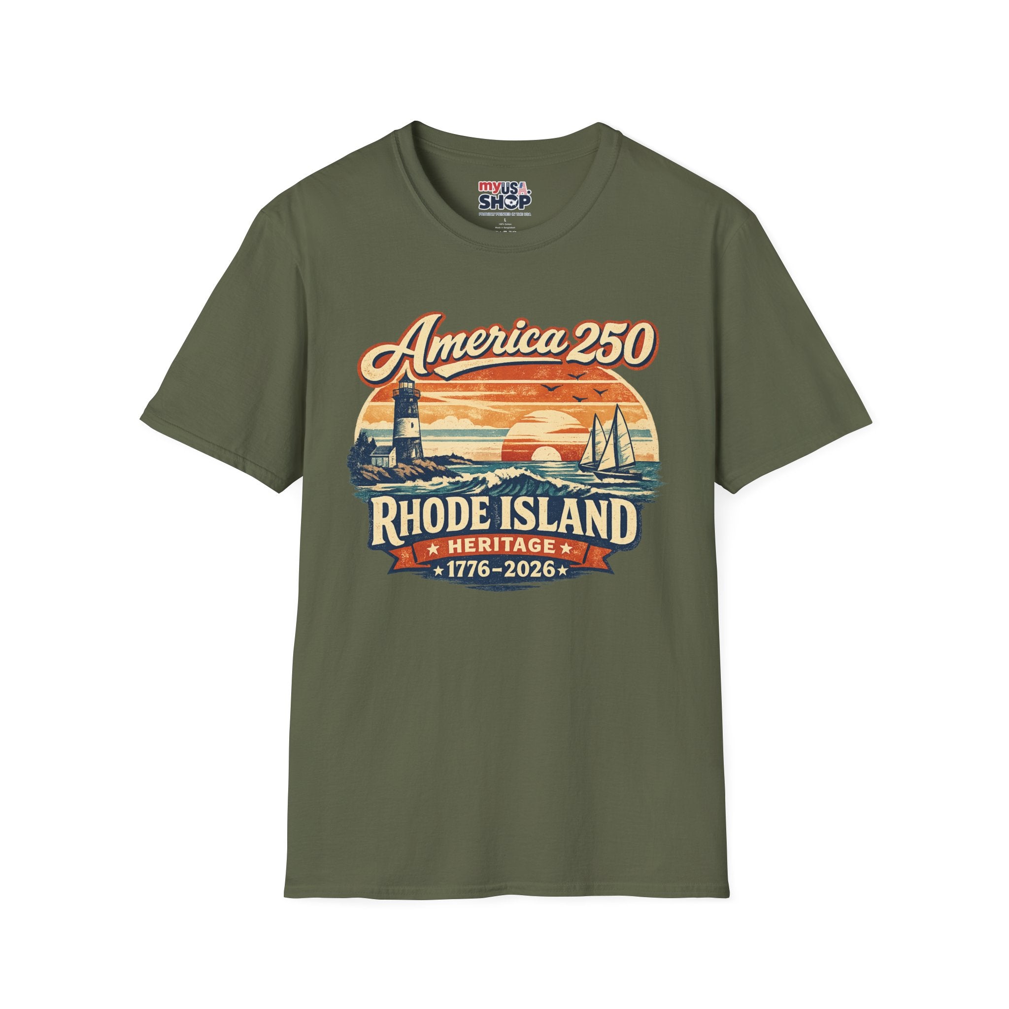 America 250 Rhode Island Heritage Shirt — Coastal Lighthouse Sunset Tee