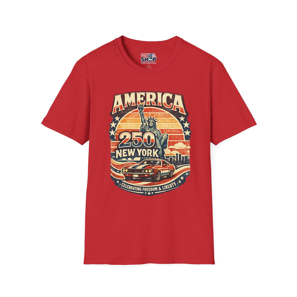 America 250 New York T-Shirt — Retro Statue of Liberty Graphic