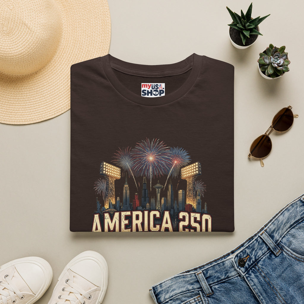 America 250 Celebration T‑Shirt — Hometown Legends Fireworks Skyline Pop Culture