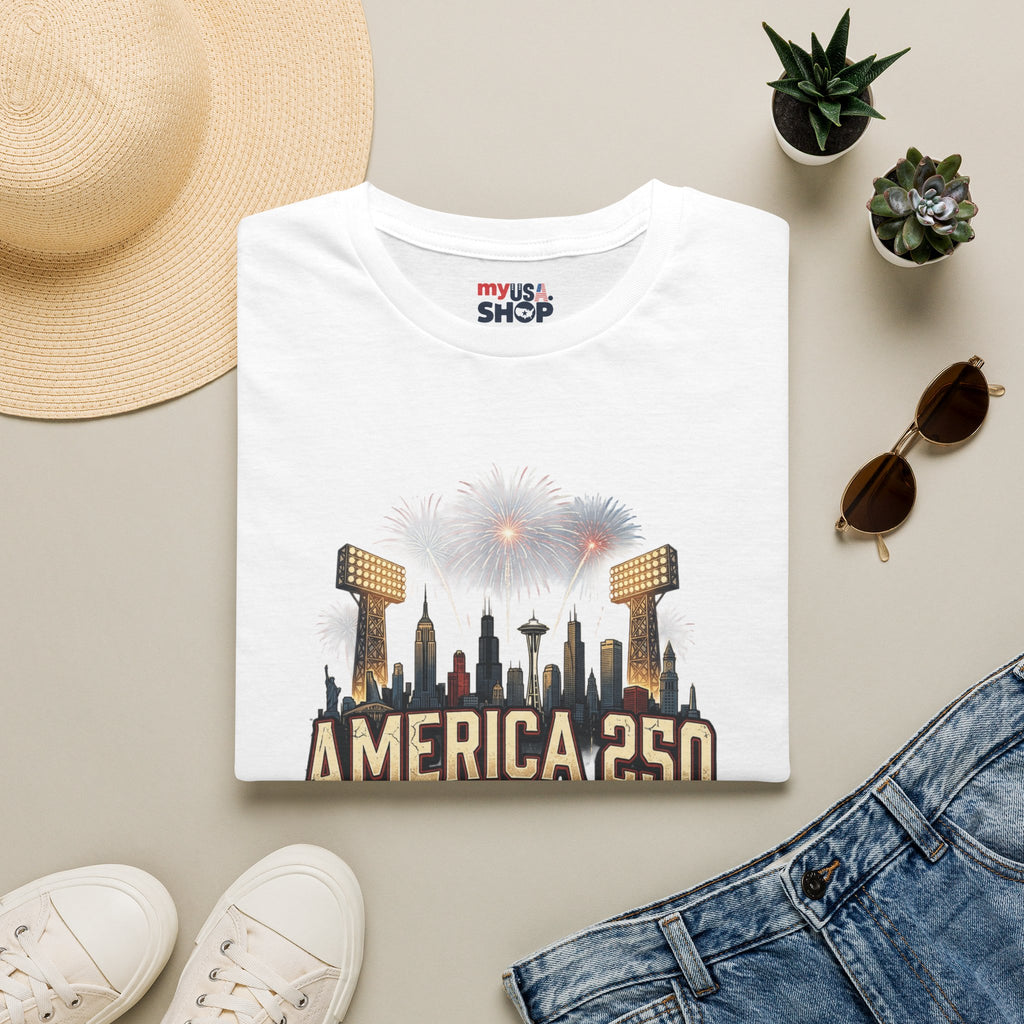 America 250 Celebration T‑Shirt — Hometown Legends Fireworks Skyline Pop Culture
