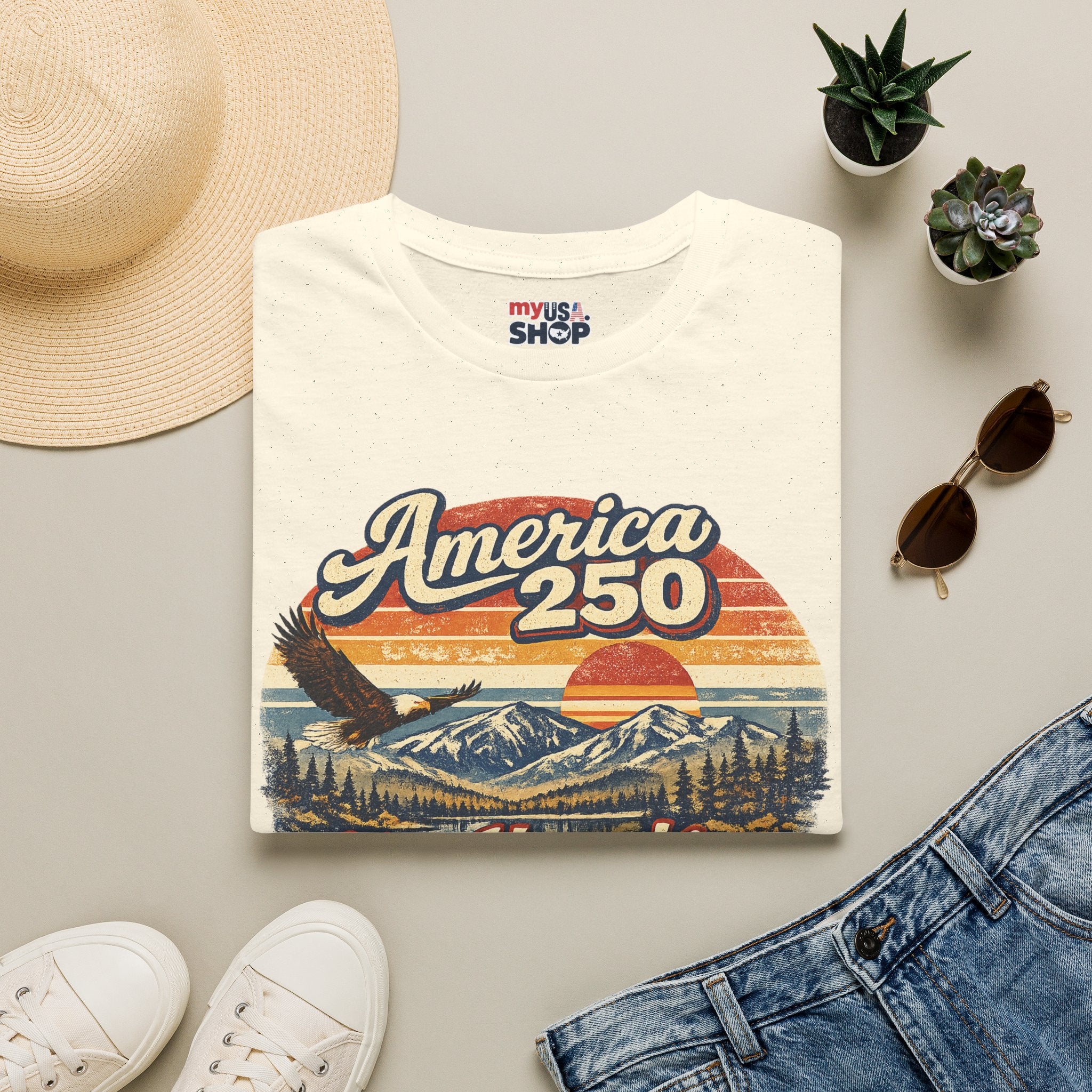 America 250 T-Shirt — Retro Eagle & Mountain New Hampshire Design