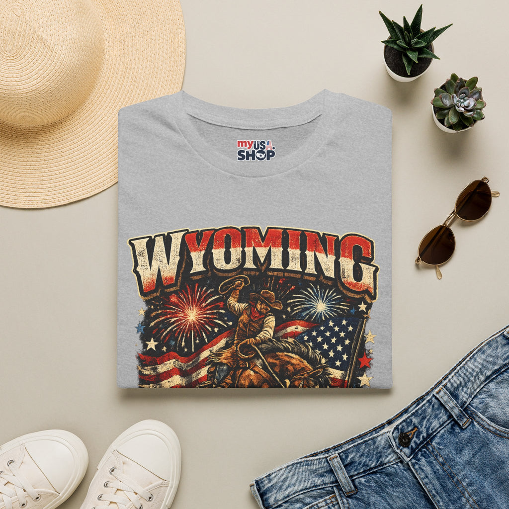 America 250 Freedom Tour T-Shirt — Wyoming Patriotic Rodeo USA Graphic Tee