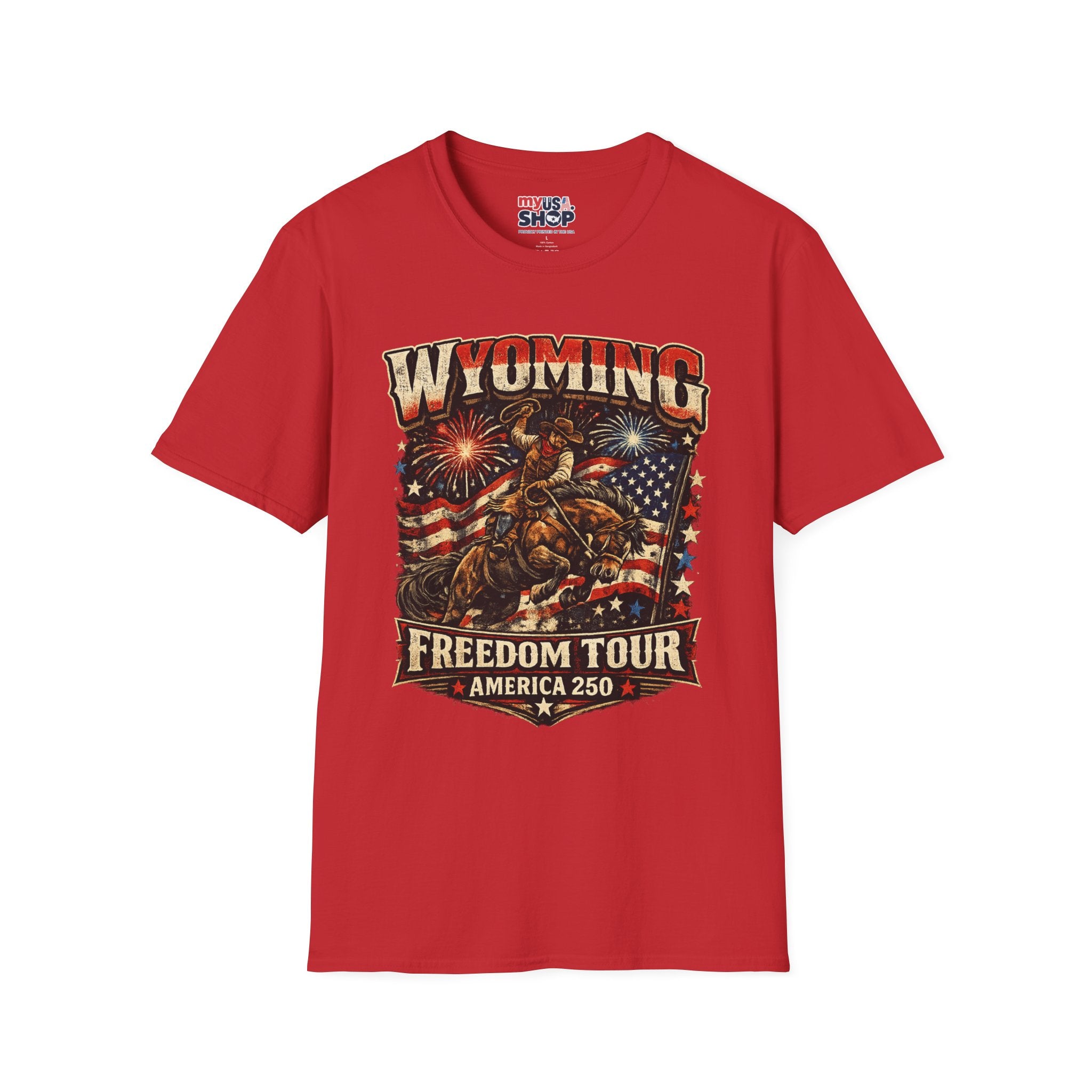 America 250 Freedom Tour T-Shirt — Wyoming Patriotic Rodeo USA Graphic Tee