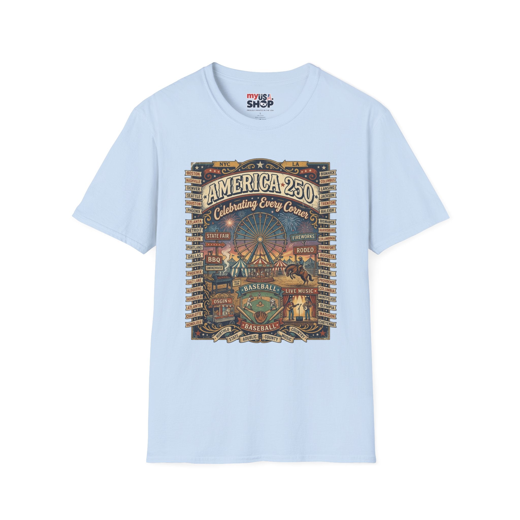 America 250 Celebration T-Shirt — Vintage Fair Ferris Wheel Patriotic Tee Pop Culture