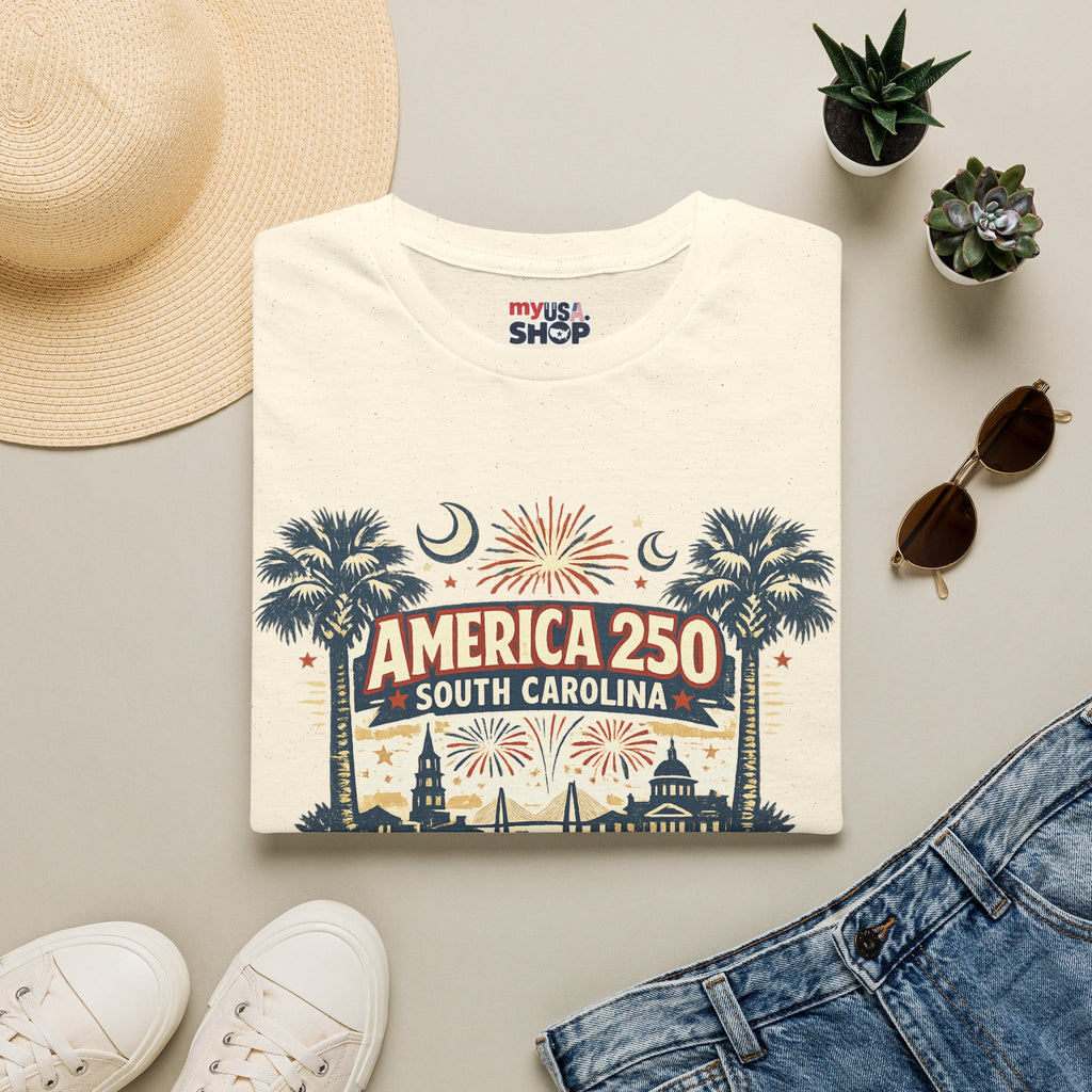 America 250 South Carolina T‑Shirt — Patriotic 250th Anniversary Tee with Palms & Fireworks