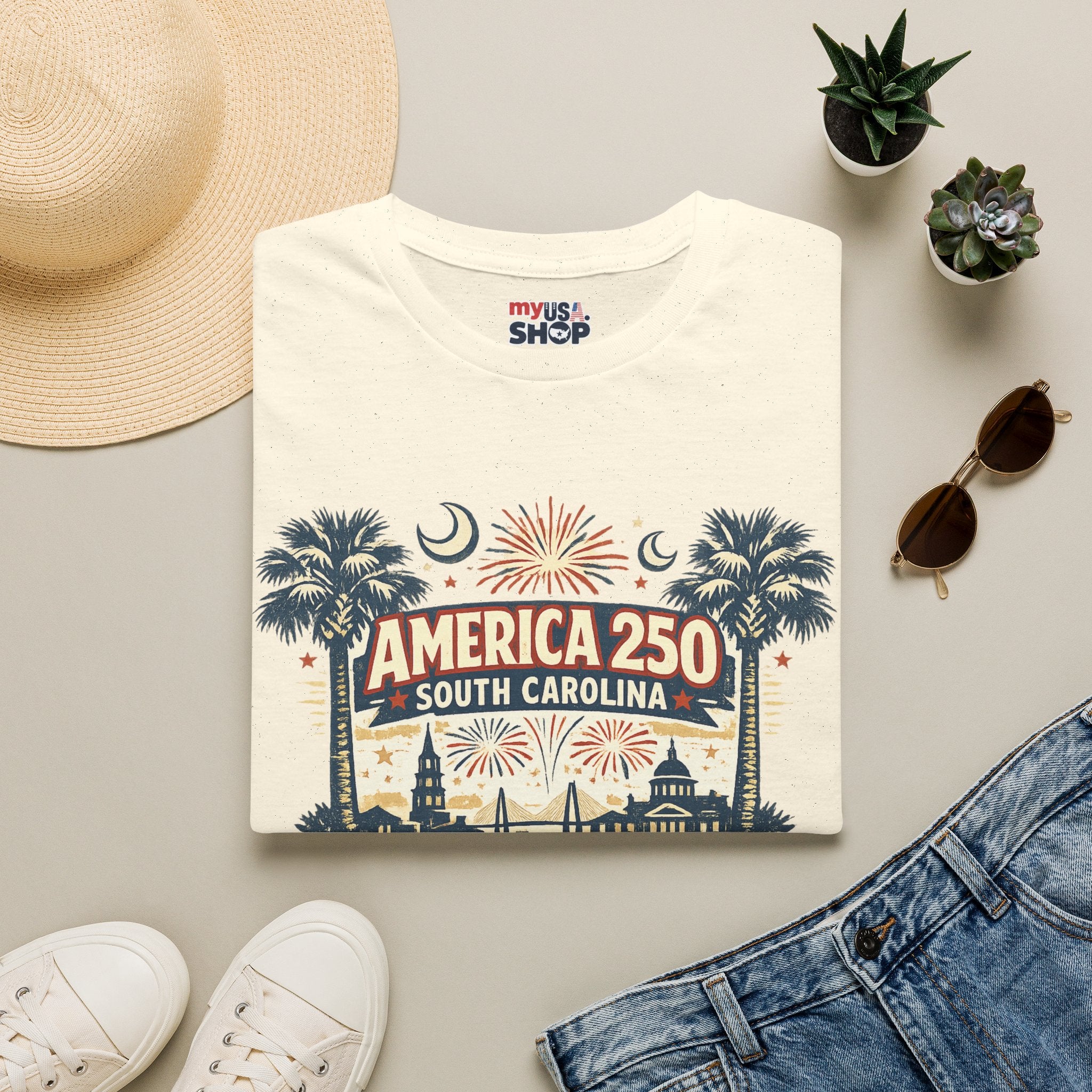 America 250 South Carolina T‑Shirt — Patriotic 250th Anniversary Tee with Palms & Fireworks
