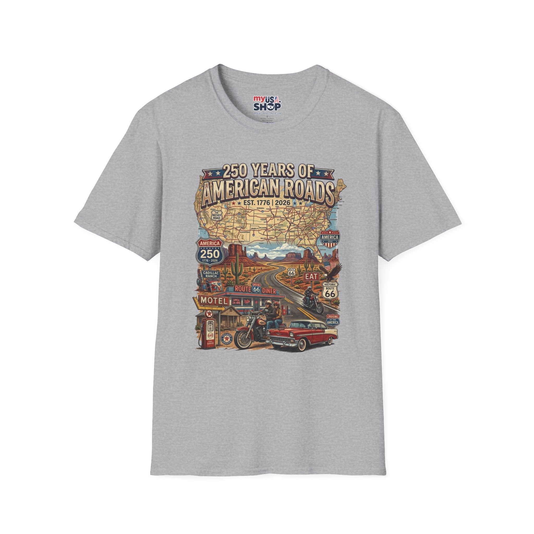 250 Years of American Roads T‑Shirt — Vintage USA Roadmap & Route 66 Travel Tee America 250 Pop Culture