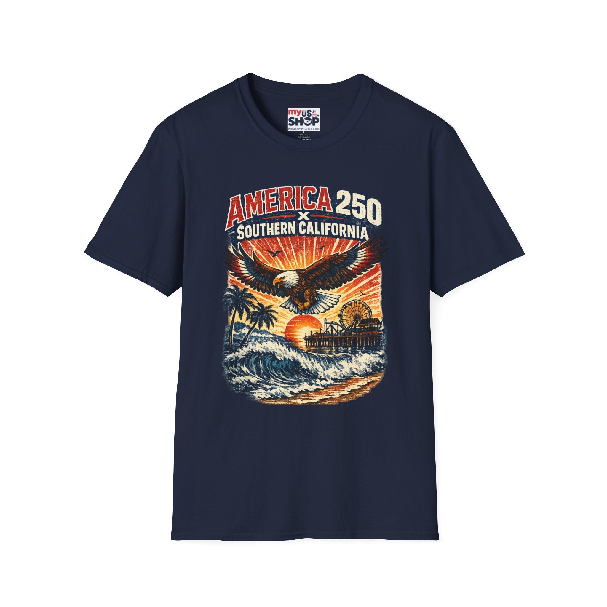 America 250 Southern California Graphic T-Shirt — Eagle, Sunset & Beach Vintage Design
