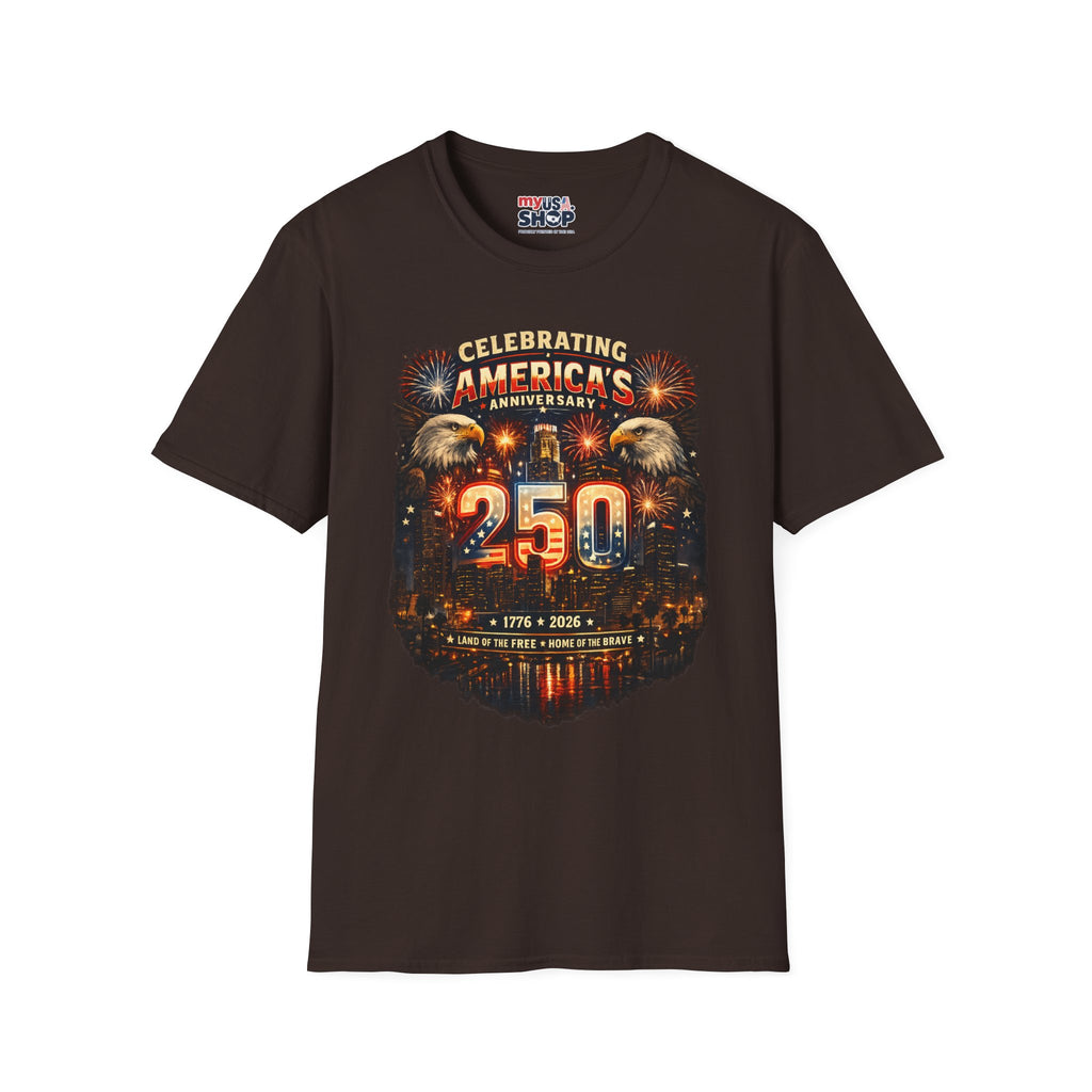 America 250 Los Angeles Celebrating Anniversary Dual Eagle Skyline 1776 2026 Land of the Free California Tee