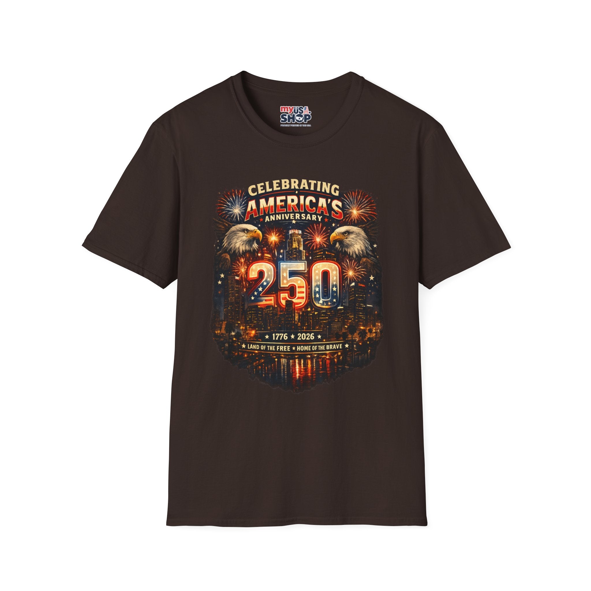 America 250 Los Angeles Celebrating Anniversary Dual Eagle Skyline 1776 2026 Land of the Free California Tee