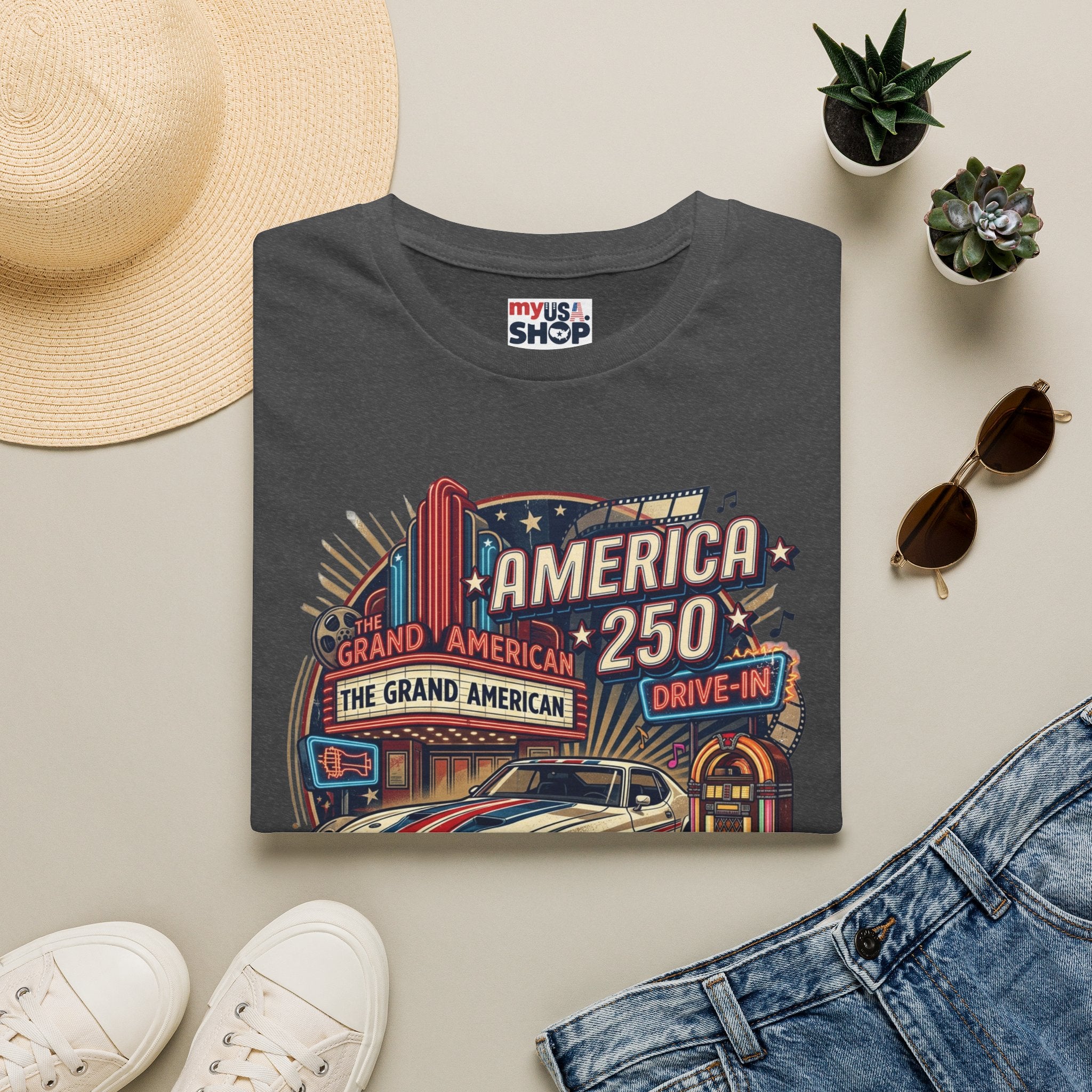 America 250 Vintage Drive-In Car T-Shirt — "Born to Entertain the World" Pop Culture