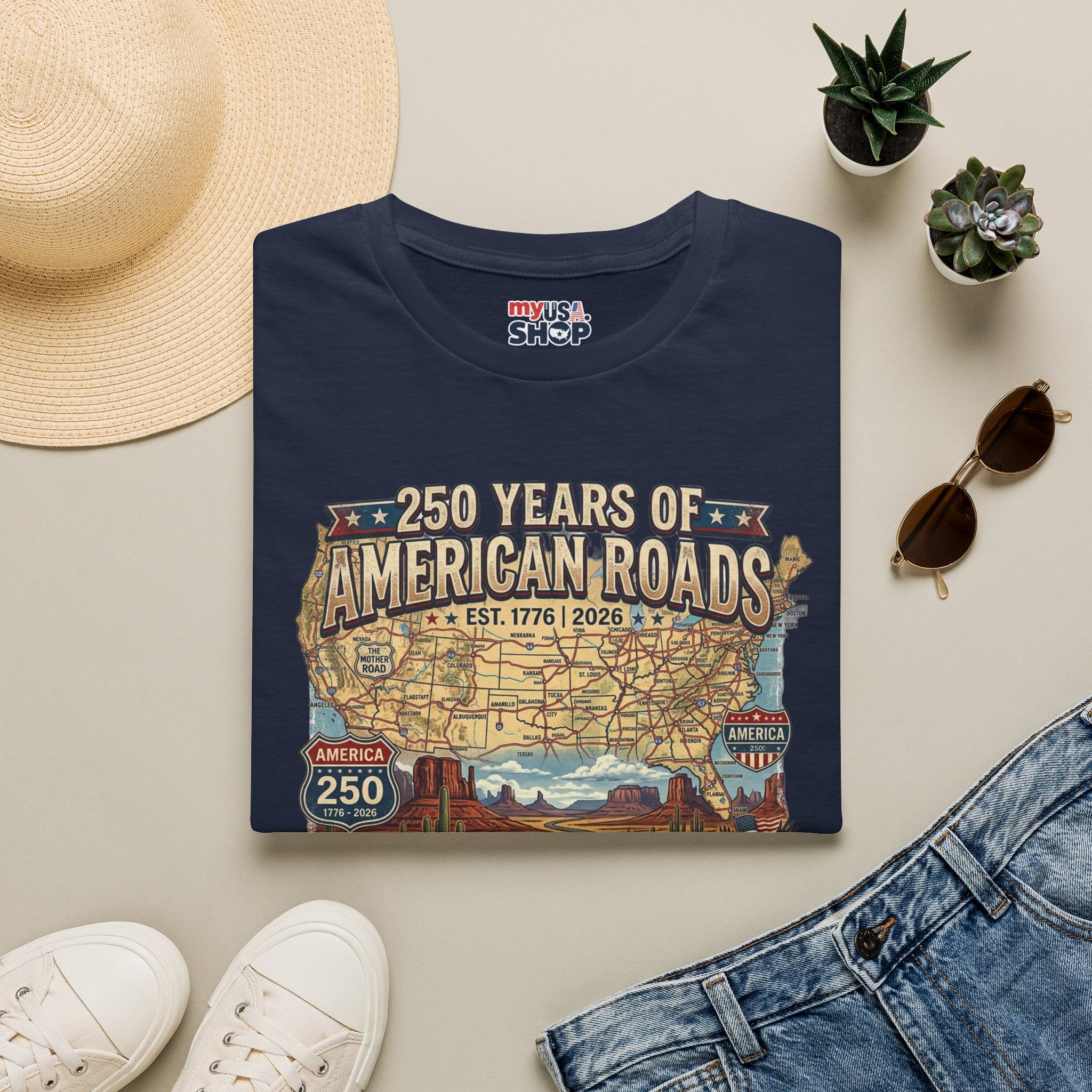 250 Years of American Roads T‑Shirt — Vintage USA Roadmap & Route 66 Travel Tee America 250 Pop Culture